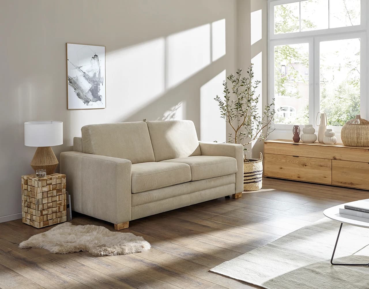 Sofa Lakeville 1 - 2-Sitzer inkl. Schlaffunktion, Gestell Schwarz, Stoff, Beige