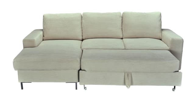 Ecksofa - Longchair links mit 2-Sitzer, Schlaffunktion mit Bettkasten, Stoff, Creme