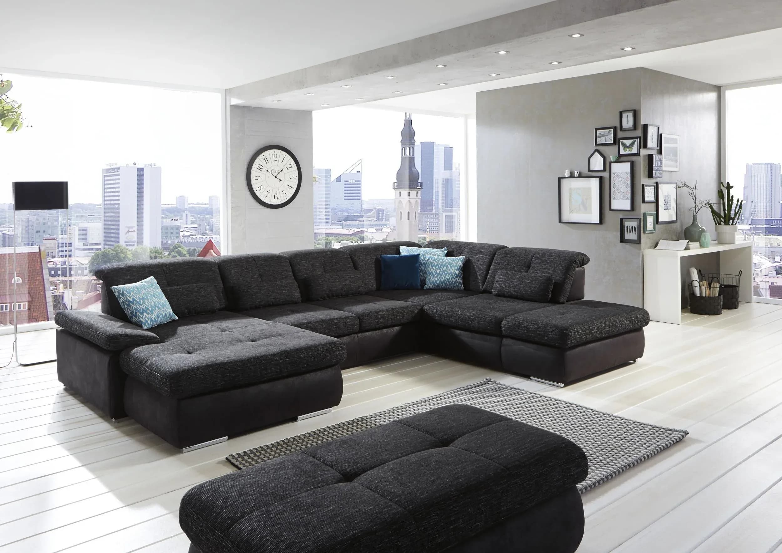 Wohnlandschaft - Longchair links mit 2,5-Sitzer und Ecke rechts, inkl. Sitztiefe verstellbar, Stoff, Schwarz/Anthrazit