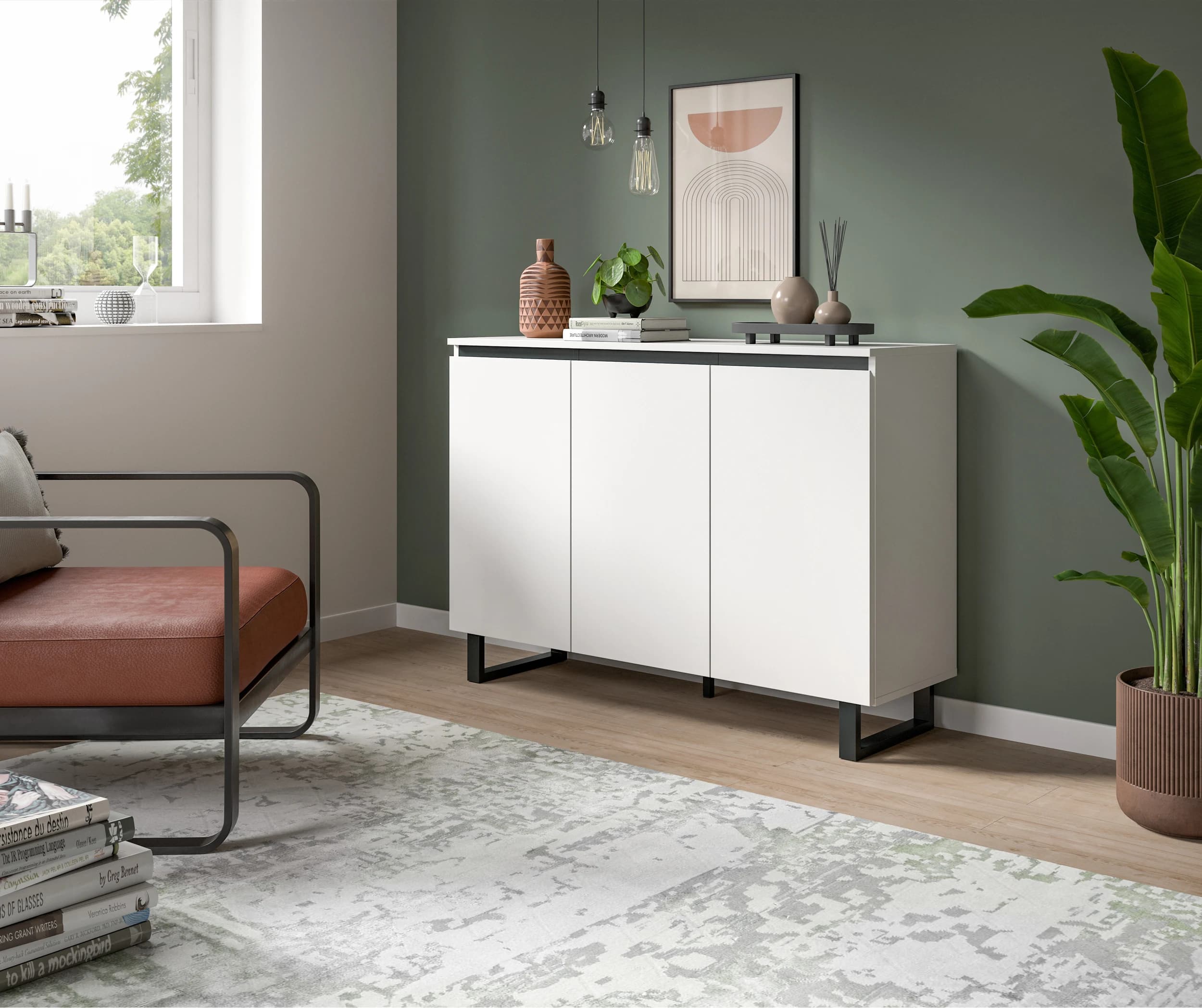 Sideboard - B ca. 120 cm, Weiß, Schwarz