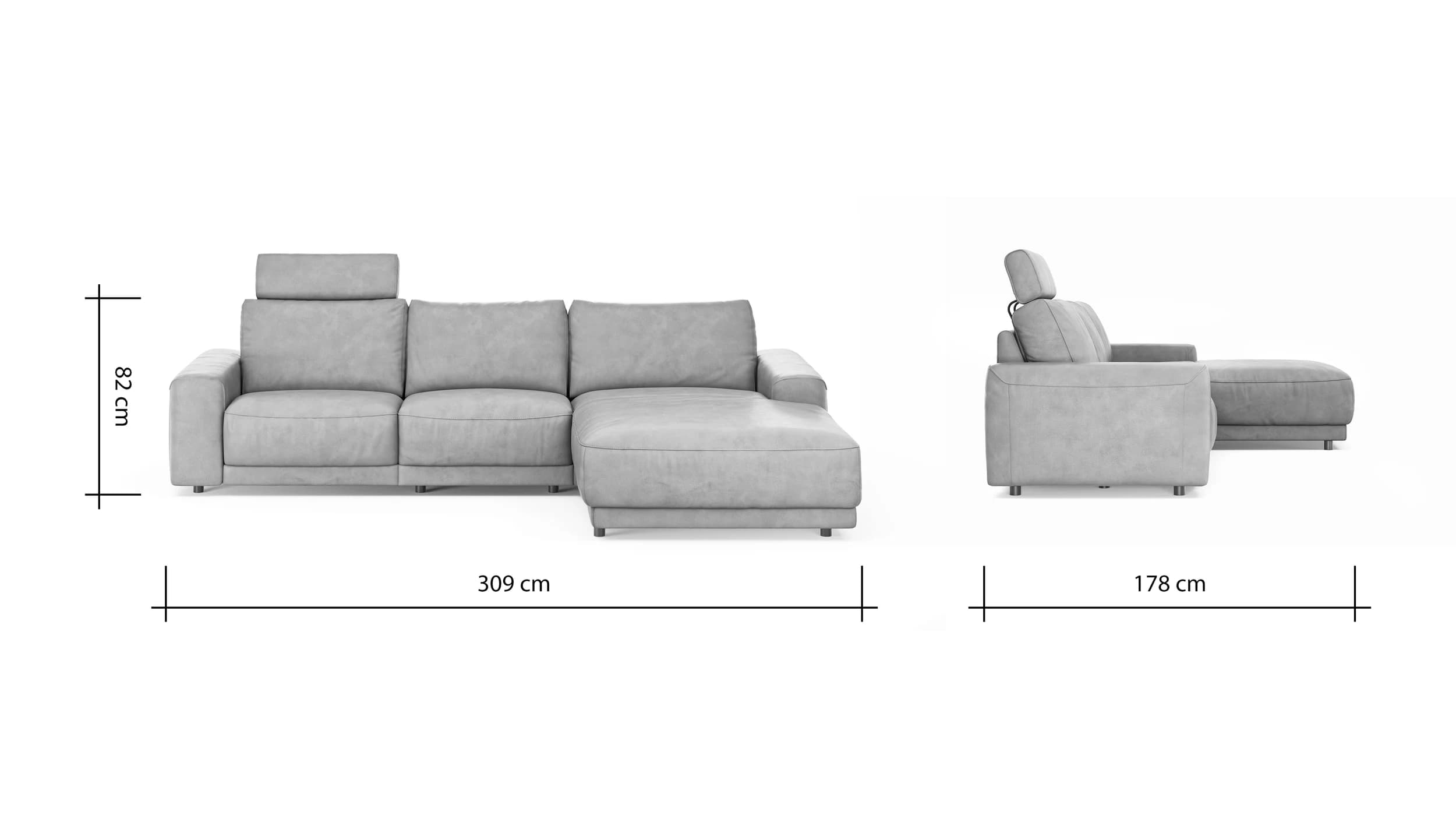 Ecksofa Balok - 2,5-Sitzer mit Longchair groß rechts, inkl. Relaxfunktion (motorisch) und Kopfstütze, Leder, Cognac