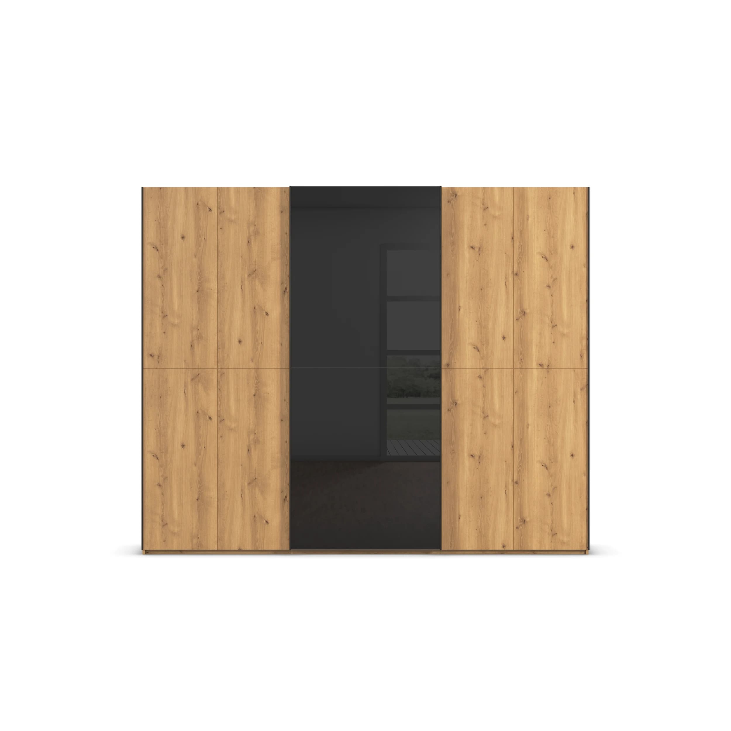 Schwebetürenschrank - B. ca. 271 cm, Front Asteiche massiv, Mitteltür Farbglas Schwarz