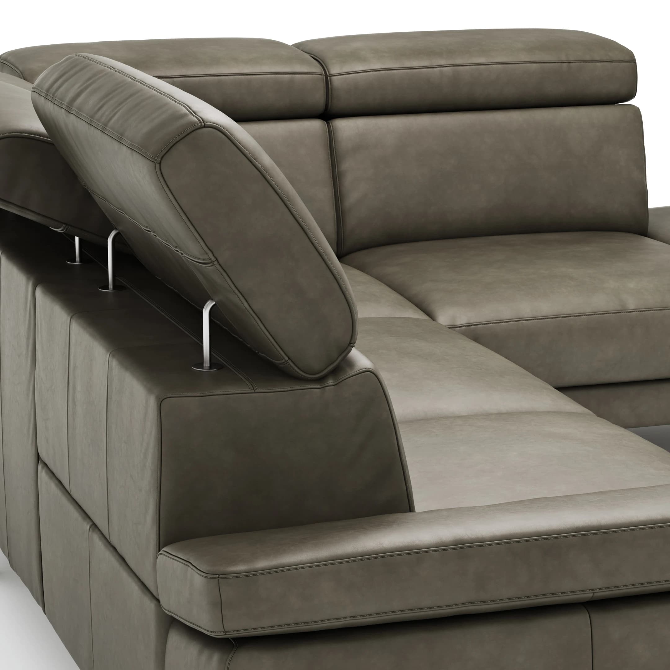 Ecksofa Hudson - 2,5-Sitzer mit Ecke rechts, inkl. Kopfteil/Armlehne verstellbar und Sitzvorzug/Relaxfunktion (motorisch), Leder, Braungrün