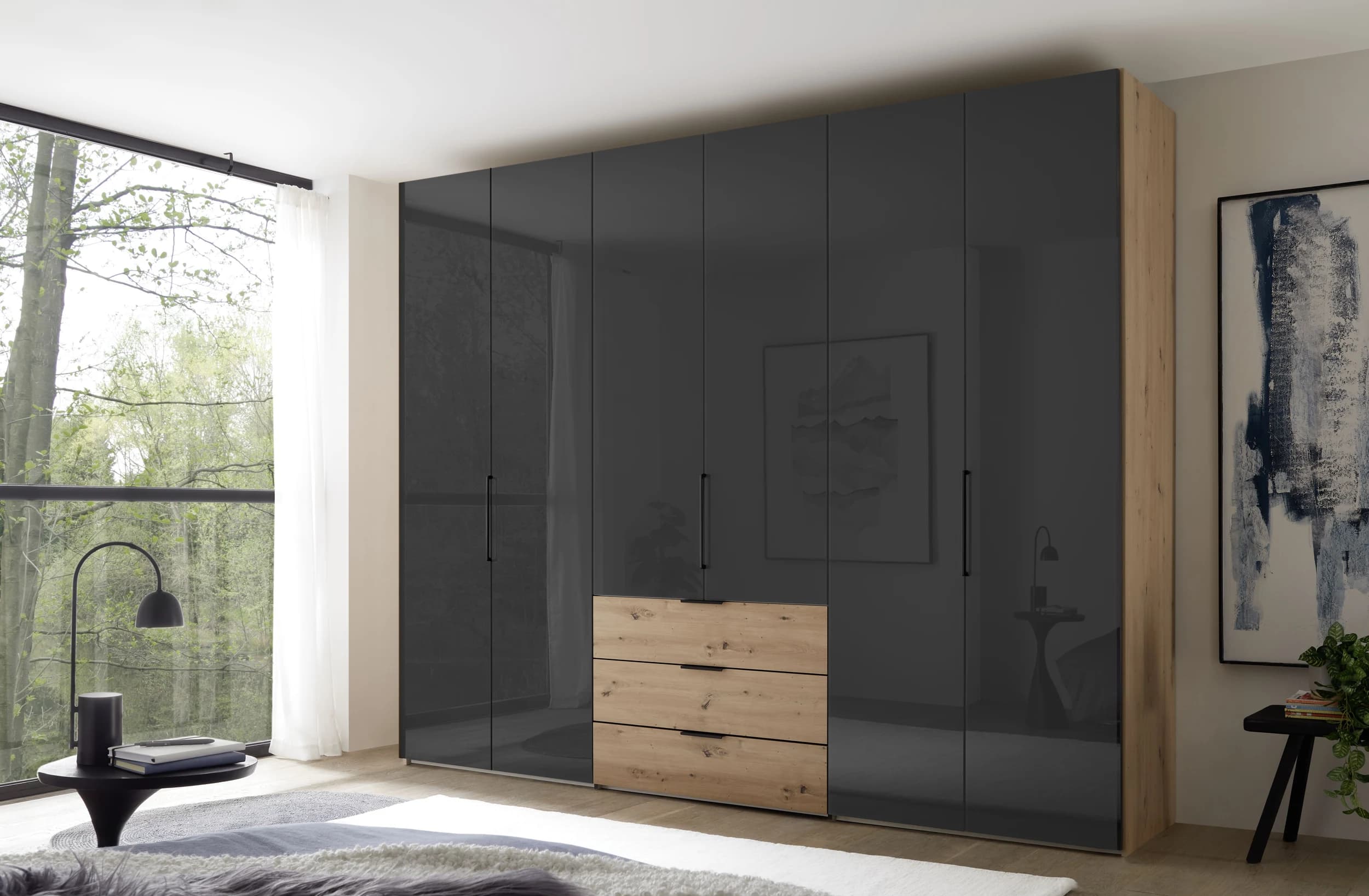 Drehtürenschrank - B ca. 298 cm, Anthrazitglas, Dekor Eiche