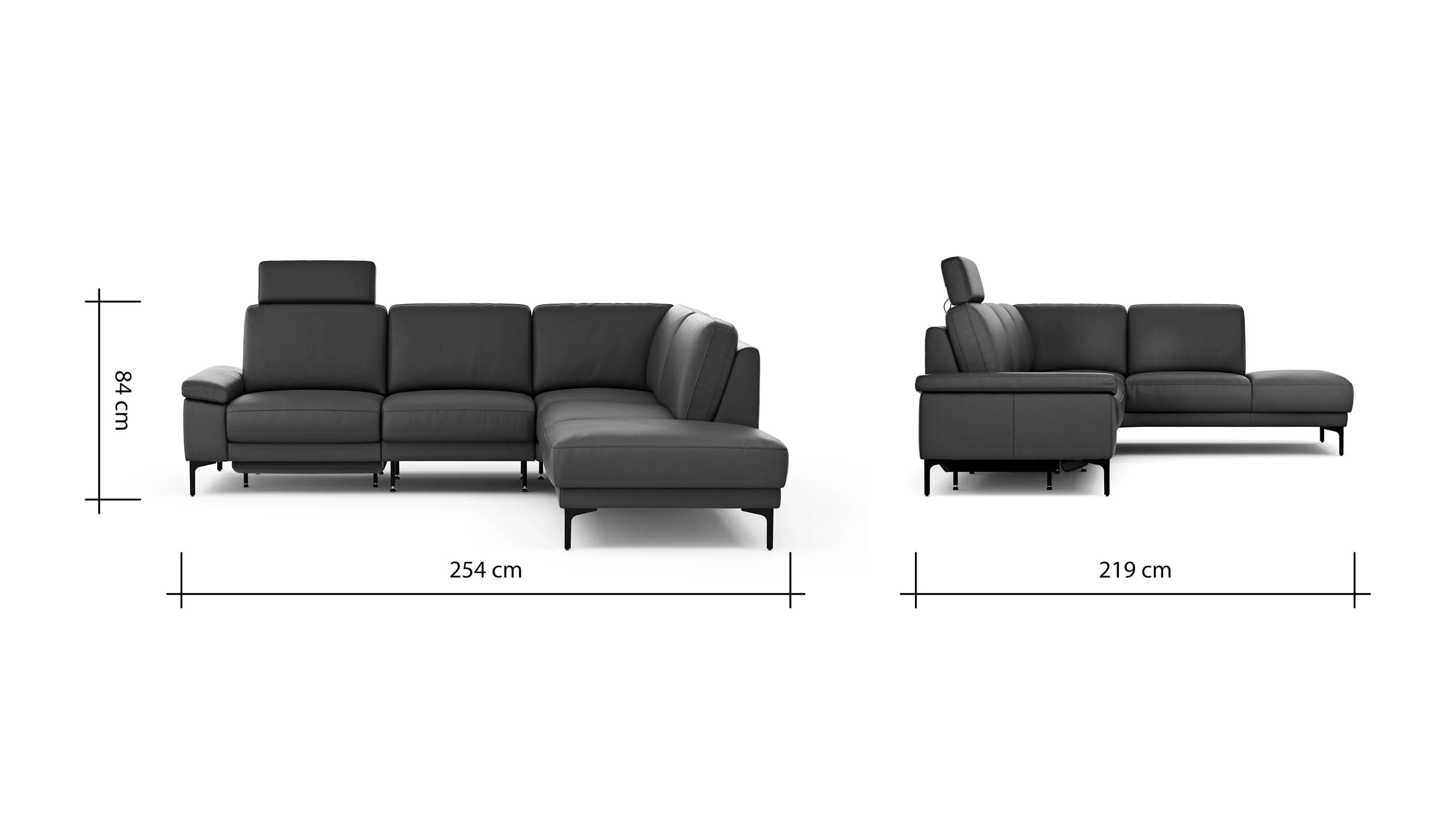 Ecksofa Matero - 2-Sitzer mit Ecke rechts inkl. Relaxfunktion motorisch und Sitzvorzug, Leder, Anthrazit