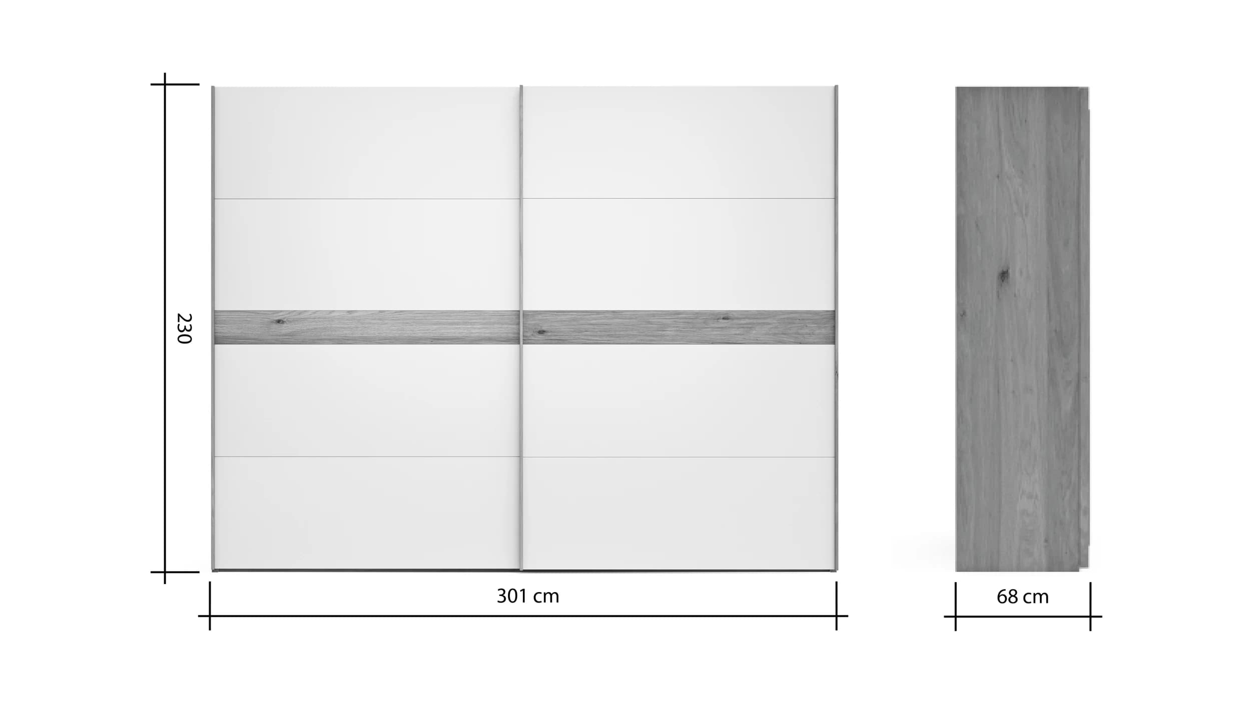 Schwebetürenschrank Viana - B ca. 301 cm, Lack, Weiß, Riffholz, Balkeneiche