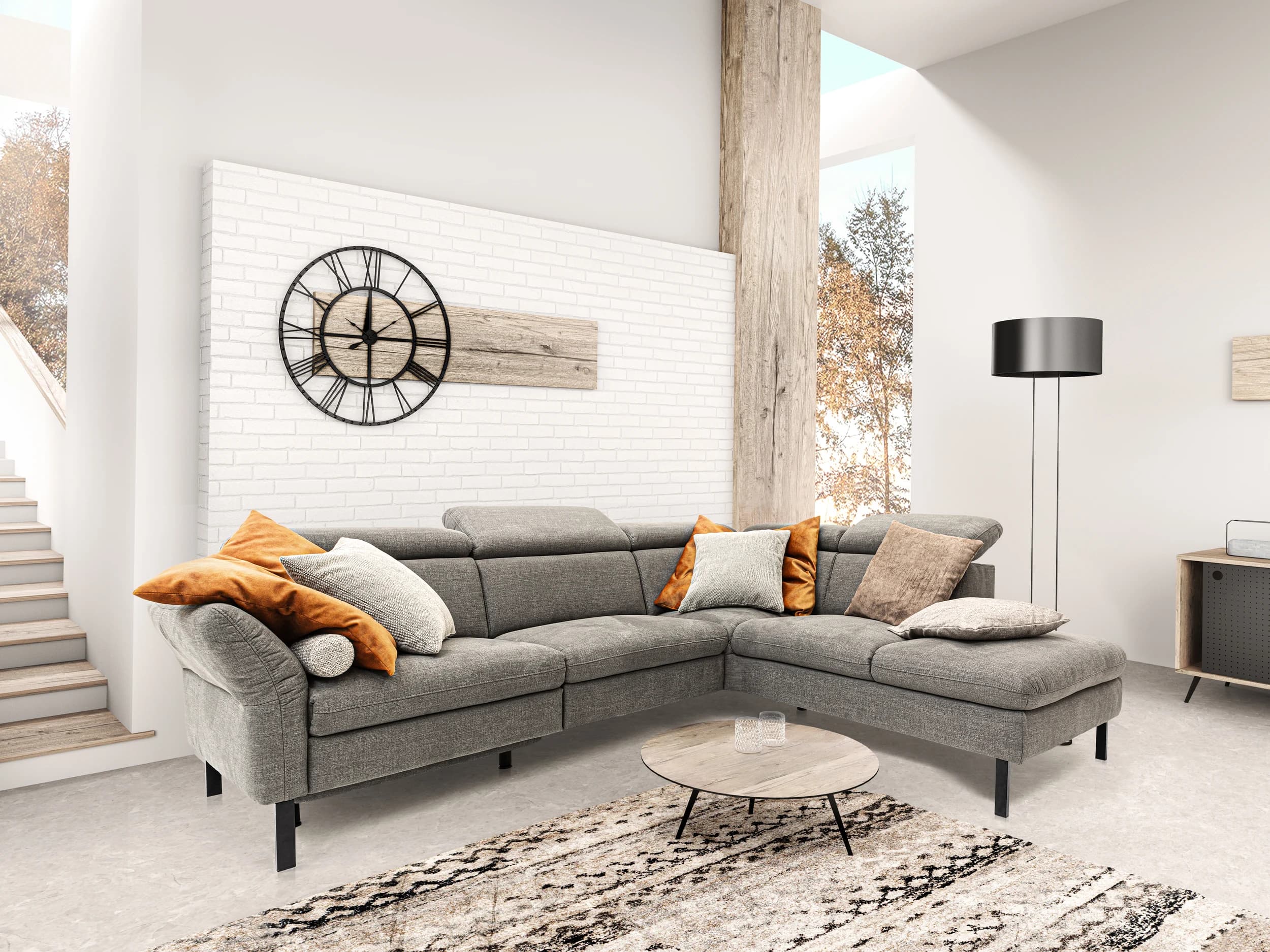 Ecksofa - 2,5-Sitzer mit  Ecke rechts, Kopfstütze/Armlehne verstellbar (manuell), Webstoff, Dunkelgrau