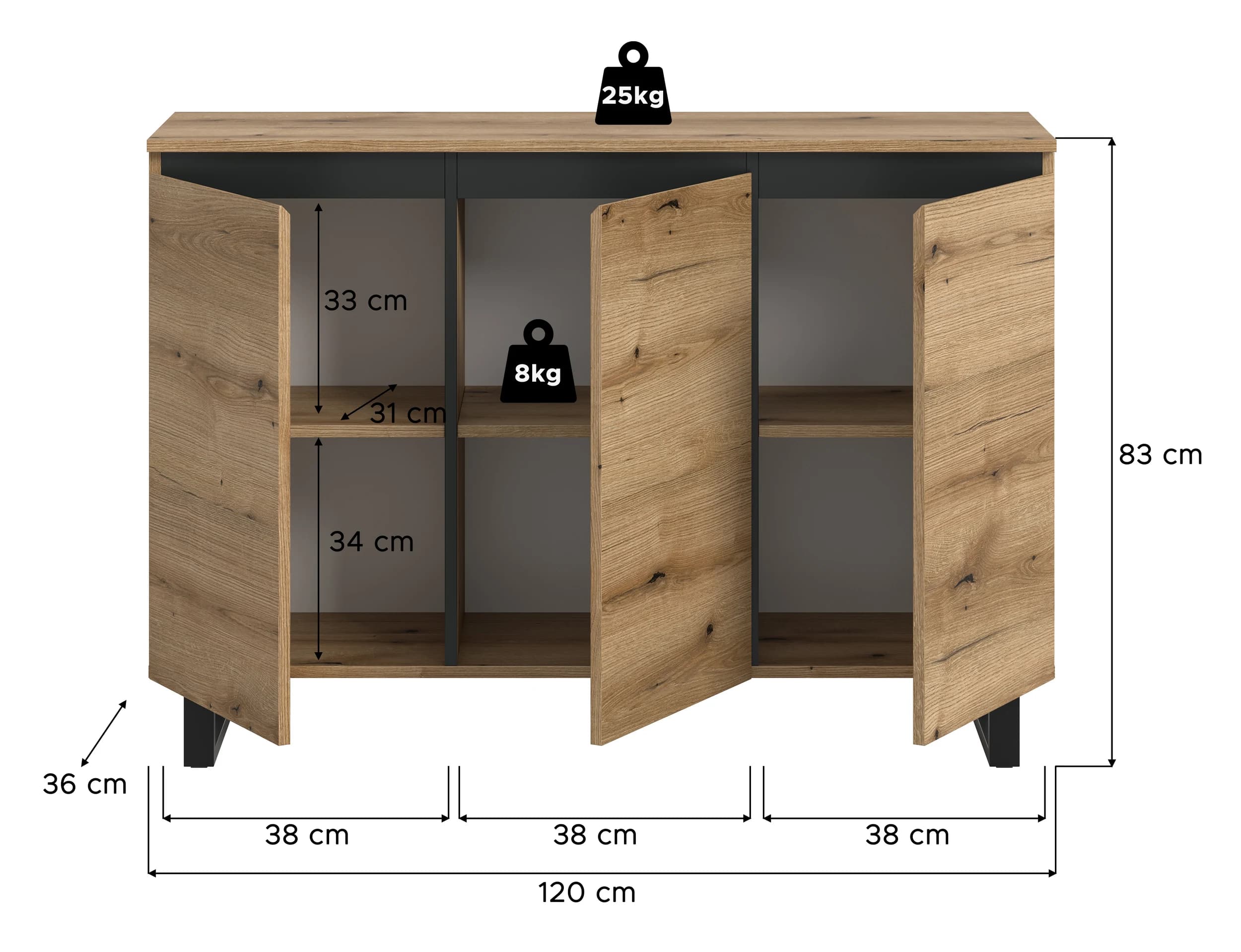 Sideboard - B ca. 120 cm, Evoke Eiche Nachbildung, Schwarz