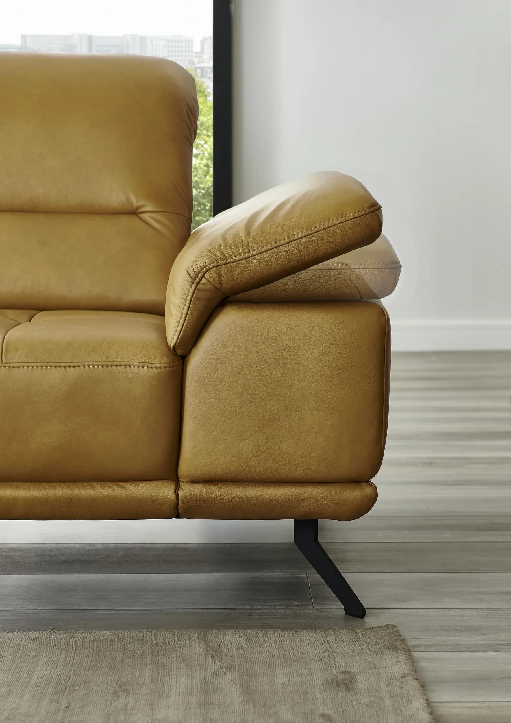 Ecksofa - 3-Sitzer mit Longchair links, Armlehne/Sitztiefe verstellbar (manuell), Leder, Kurkuma
