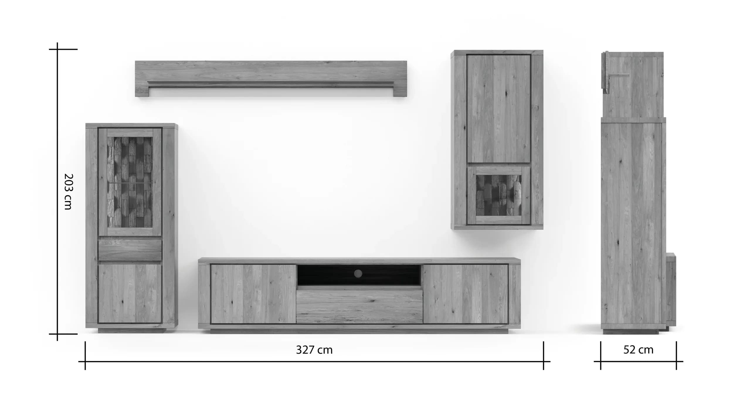 Wohnwand Bakersfield - inkl. Beleuchtung, sichtbare Rückwände mit Holzschindeln/Schubladenfront mit Schroppung, Asteiche massiv, geölt