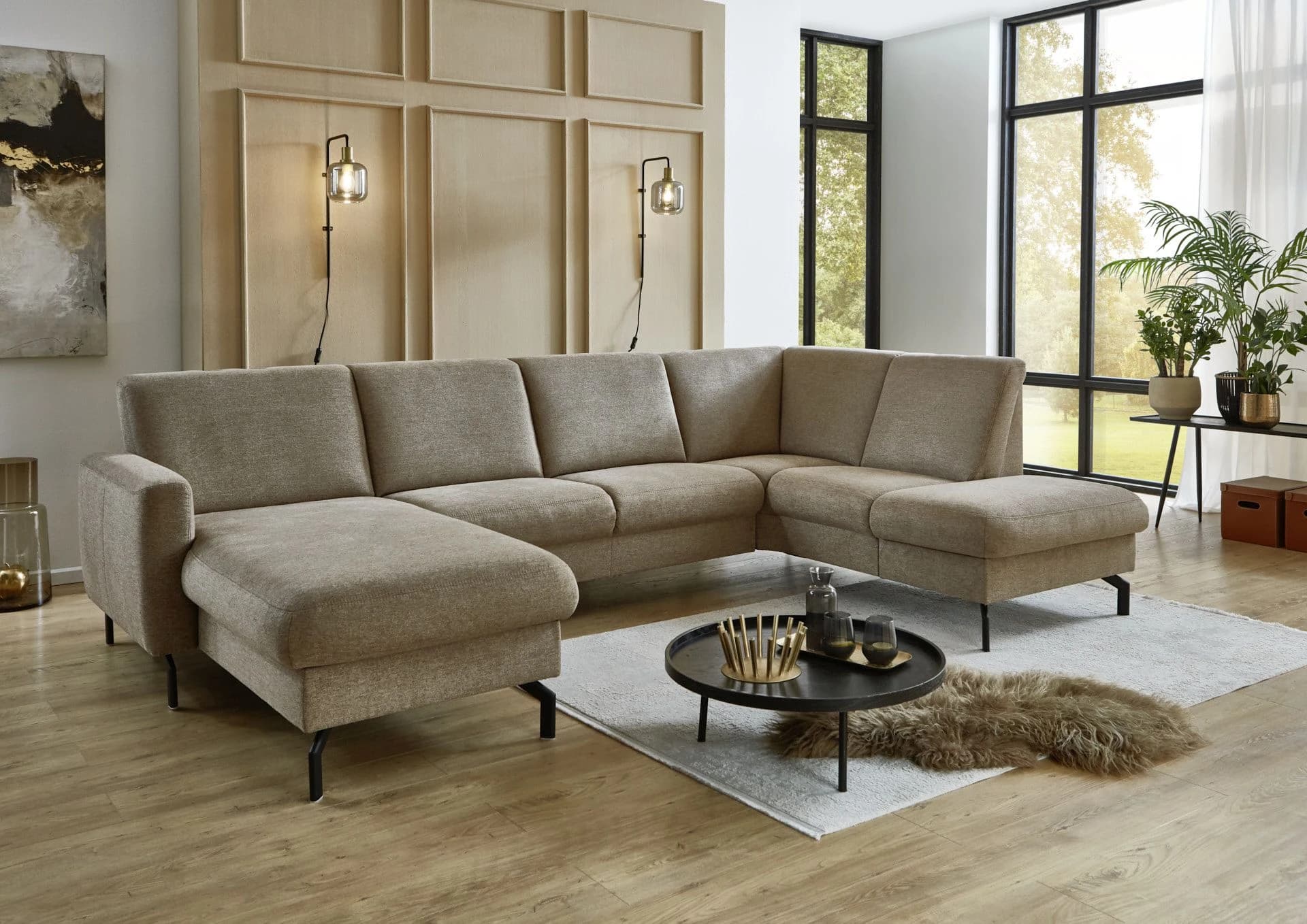 Wohnlandschaft - Longchair links mit 2,5-Sitzer und Ecke rechts. Stoff, Mandel