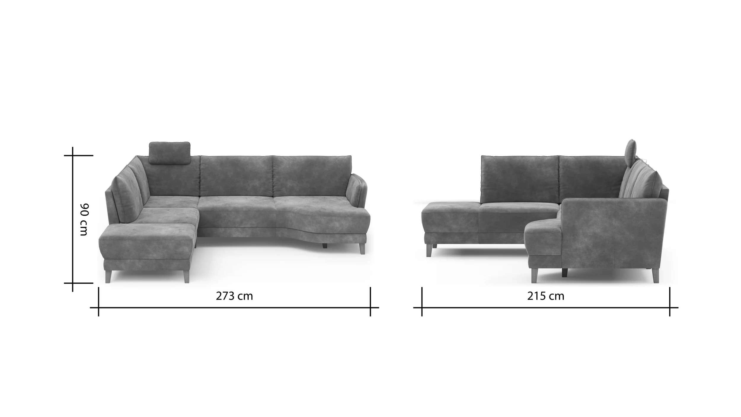 Sofa Stamford - inkl. Armlehne verstellbar und Kopfstütze, Ecksofa 2-sitzig und Abschlusshocker links mit 3,5-Sitzer, Bogen rechts, Stoff, Anthrazit
