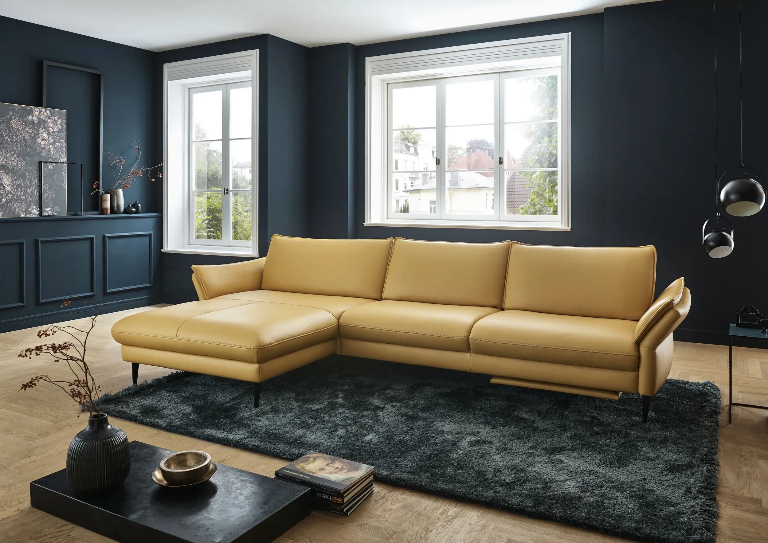 Ecksofa - Longchair links mit 3-Sitzer, Leder, Gelb