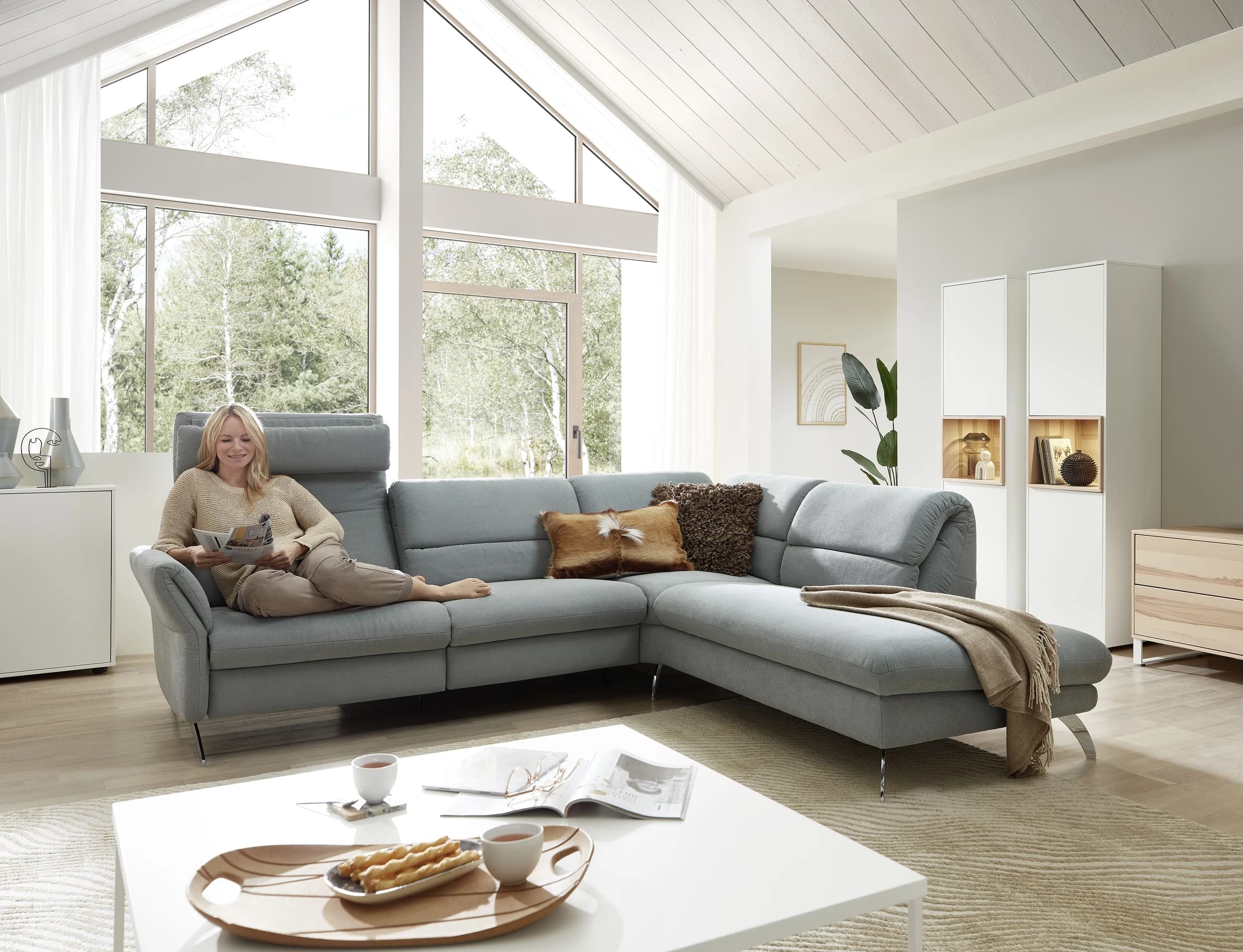Ecksofa EM Koper -  3-Sitzer mit Ecke rechts, Rückenlehne verstellbar, Stoff, grün