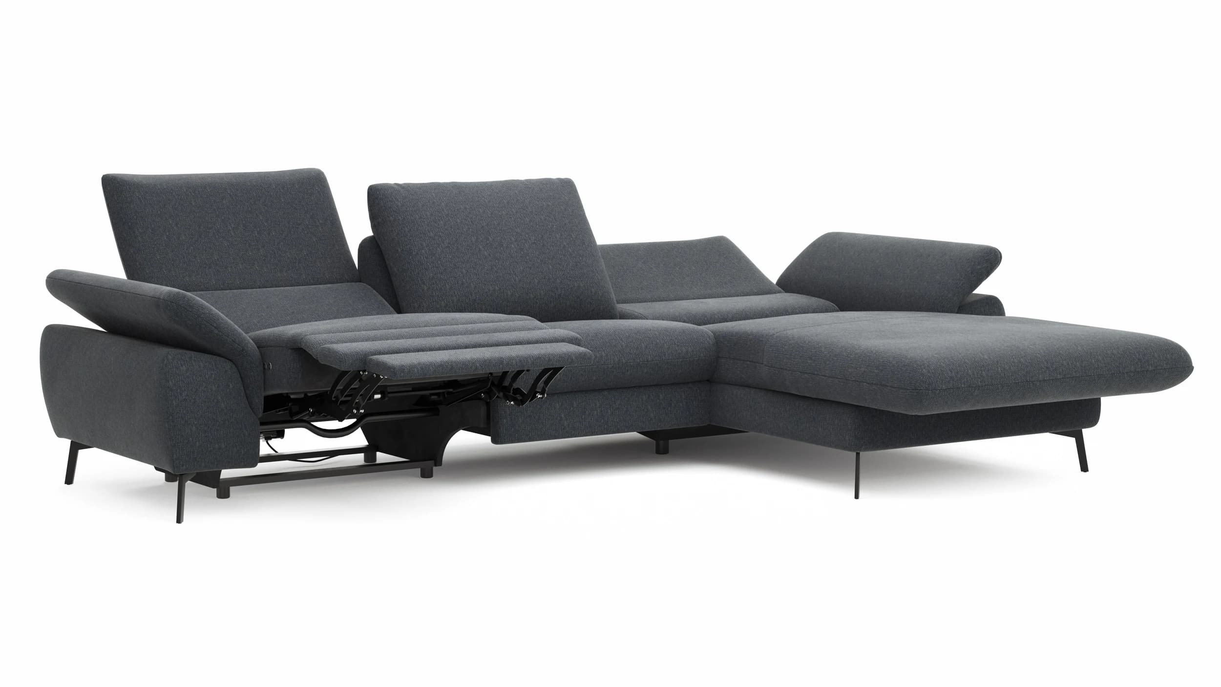 Ecksofa Gotera - 1,5-Sitzer med + 1,5-Sitzer med mit Longchair groß rechts inkl. Schlaffunktion (teilmotorisch), Armlehne klappbar, Rückenlehne verstellbar  und einmal Relaxfunktion (teilmotorisch), Stoff, Anthrazit