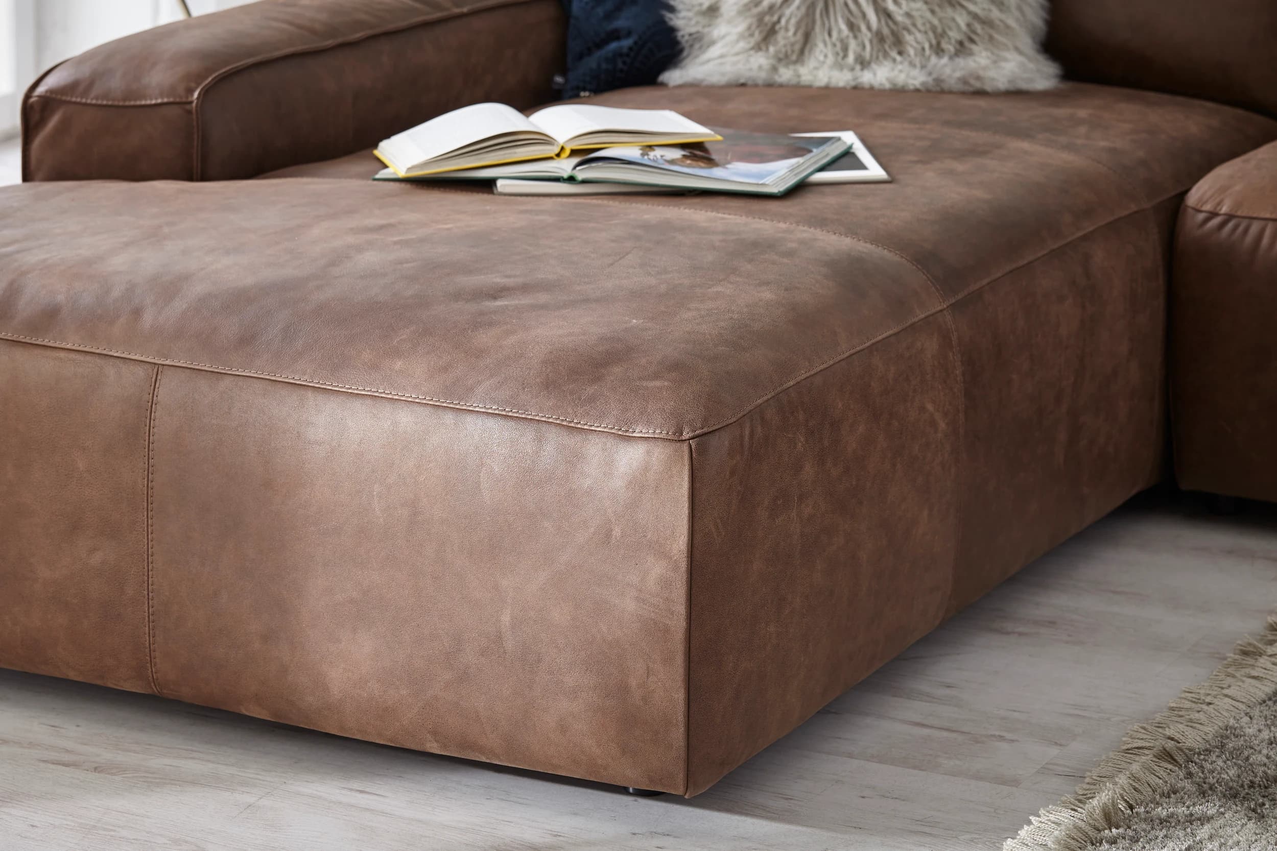 Ecksofa Denver - Longchair links mit 2,5-Sitzer, Leder, Braun