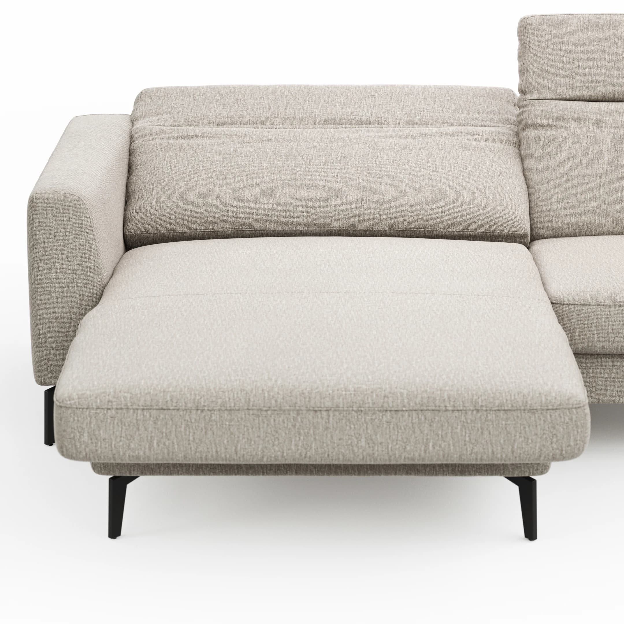Ecksofa Rafaela 2.0 - Longchair mit 2,5-Sitzer rechts inkl. Sitzvorzug, Kopteilverstellung motorisch und Relaxfunktion motorisch im Longchair, Stoff, Champagner