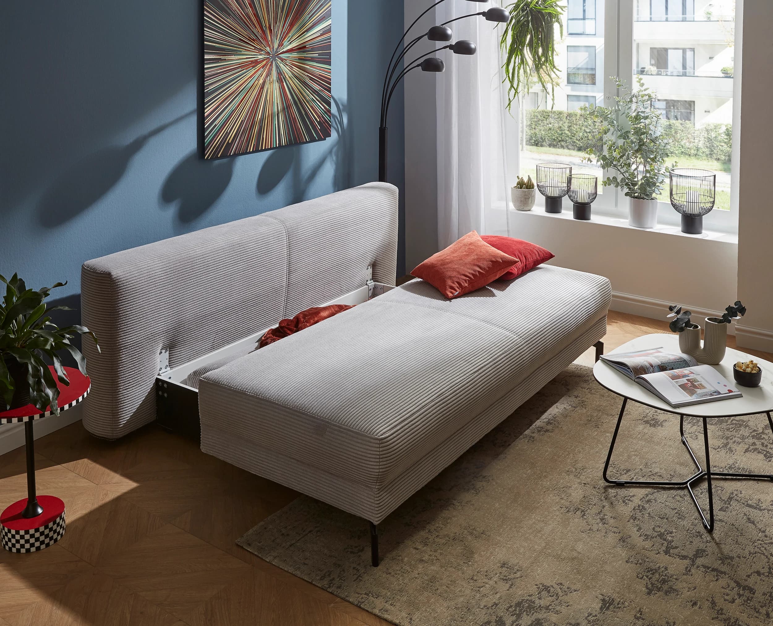 Schlafsofa Salema - 3-Sitzer mit Schlaffunktion (Liegefläche ca. 150x200cm), Stoff, Hellgrau