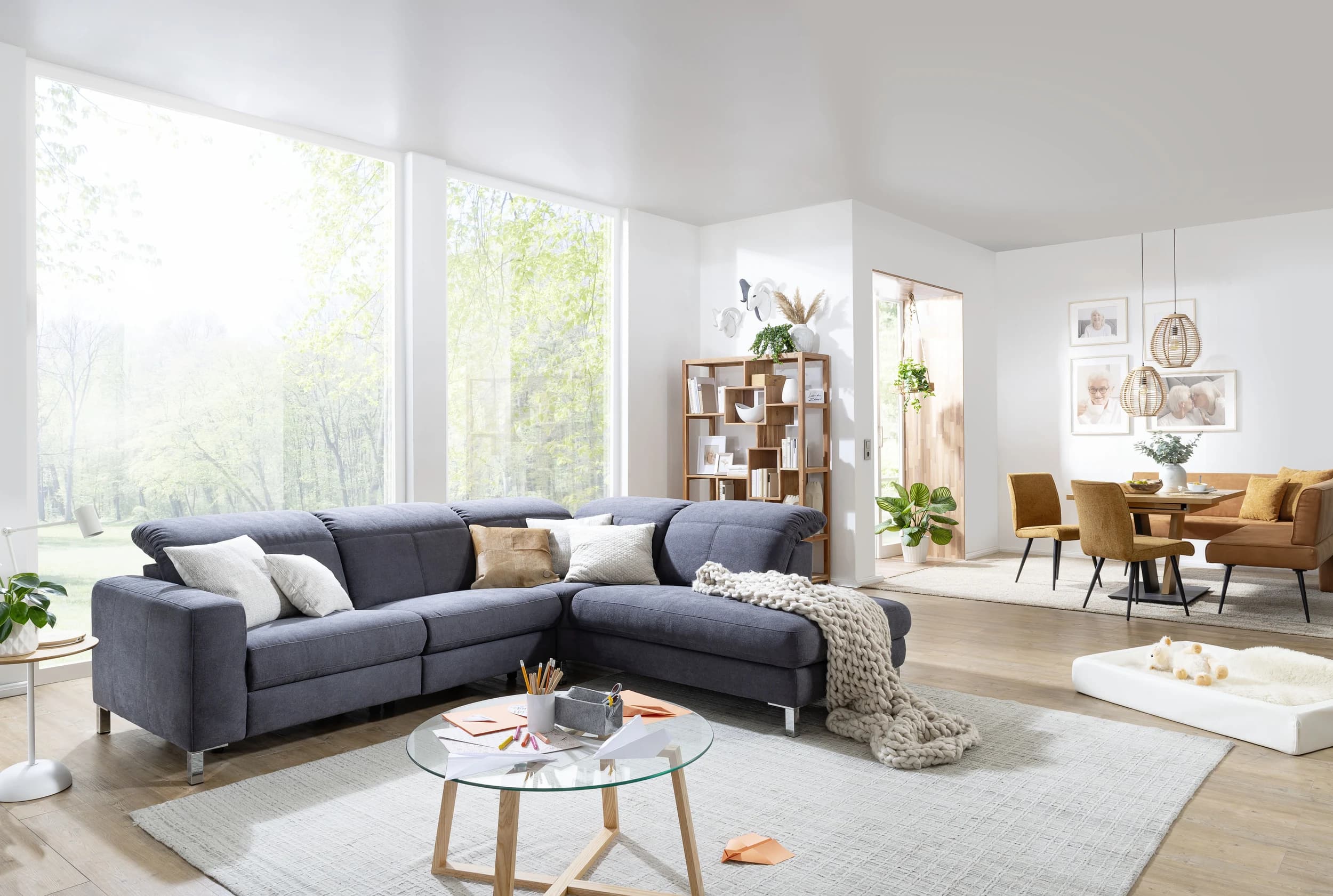 Polstergarnitur EM Brüssel - Longchair mit 2,5-Sitzer und Eckelement, Kopfteil verstellbar, Stoff, Braun