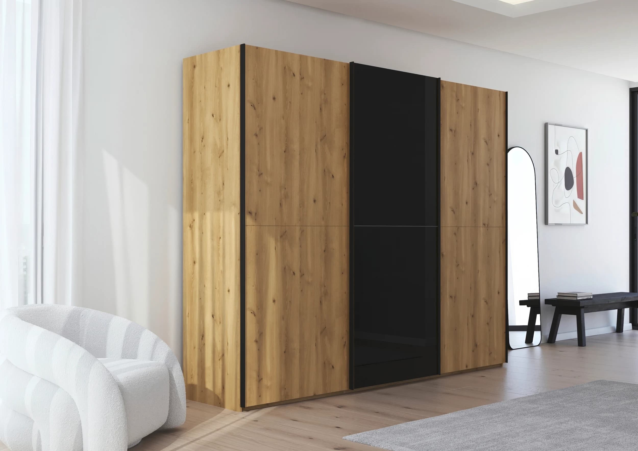 Schwebetürenschrank - B. ca. 271 cm, Front Asteiche massiv, Mitteltür Farbglas Schwarz