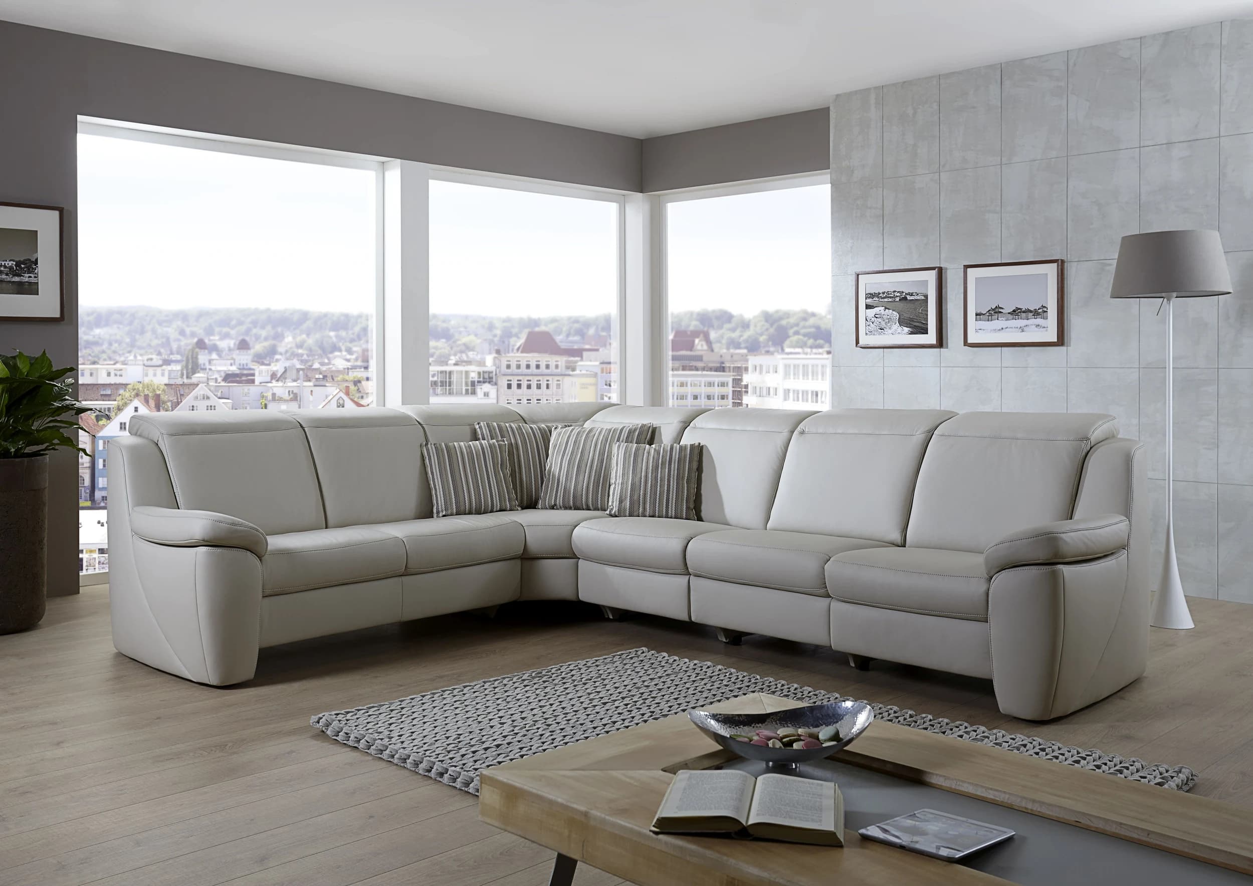 Wohnlandschaft - 2-Sitzer, Winkelecke mit 3-Sitzer, Leder, Seidengrau