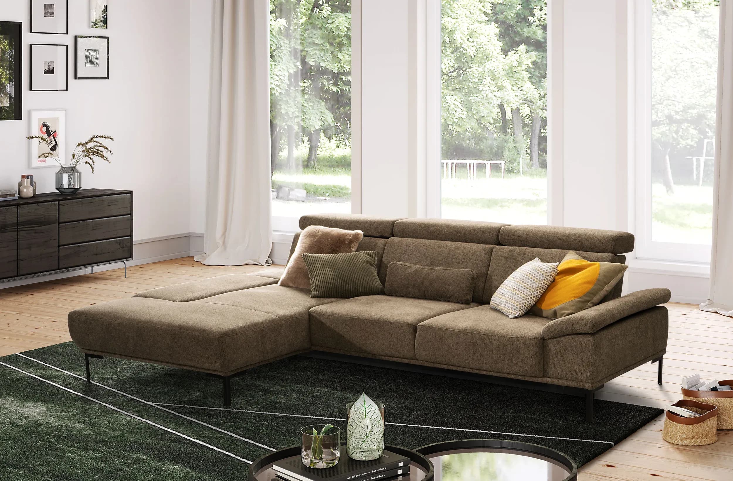 Ecksofa - Longchair links mit 2-Sitzer, Sitztiefe verstellbar, Stoff, Braungrün
