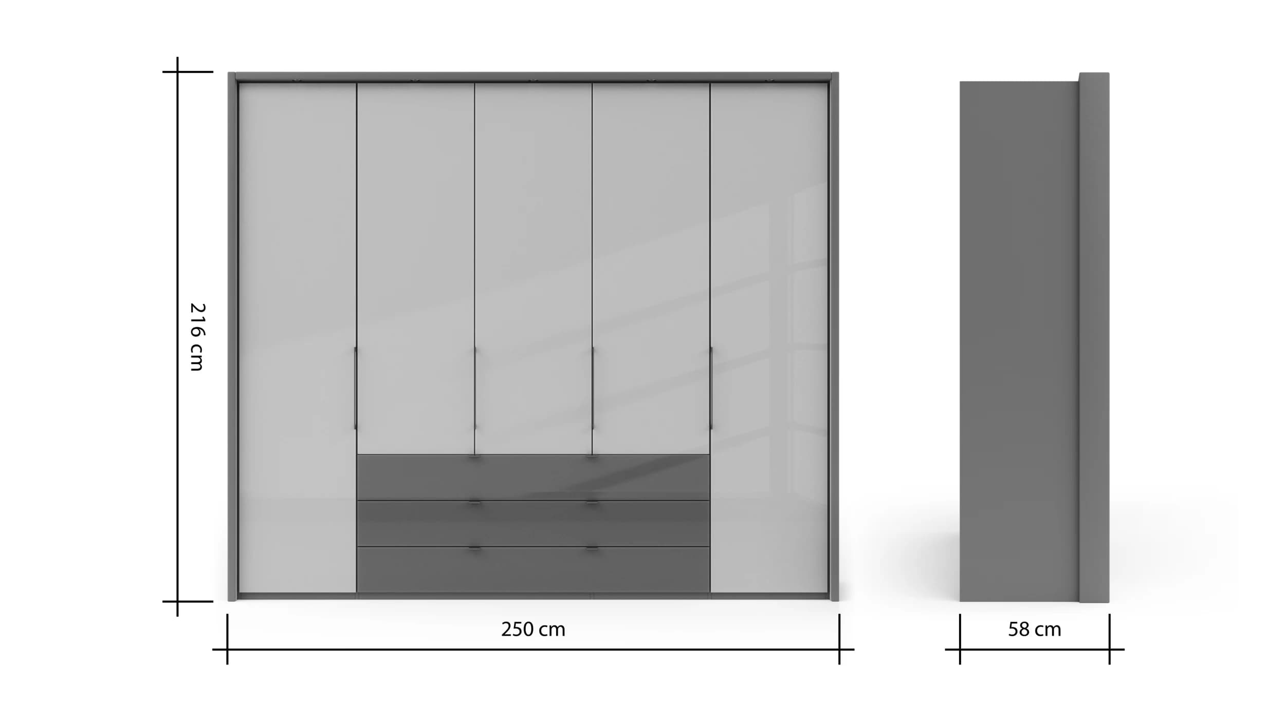 Drehtürenschrank Marbella - B. ca. 257cm, Korpus Melamin, Grau, Front Glas, Weiß