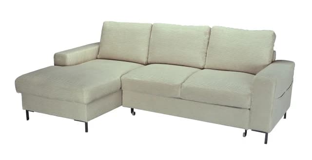 Ecksofa - Longchair links mit 2-Sitzer, Schlaffunktion mit Bettkasten, Stoff, Creme