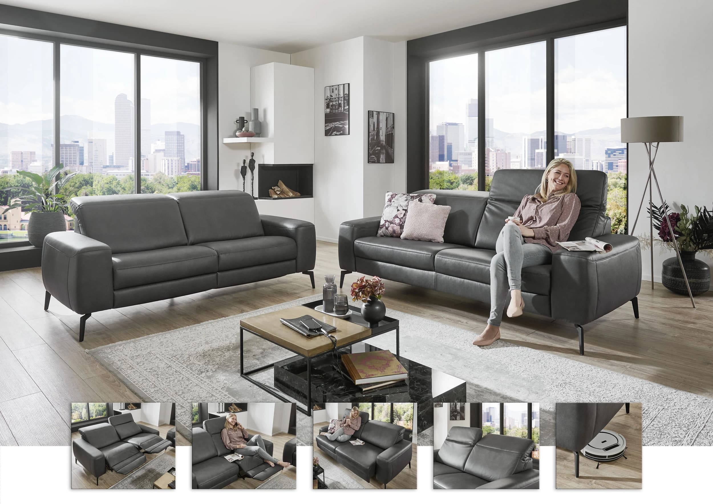Sofa - 2,5-Sitzer, Kopfteil verstellbar, Stoff, Graphit