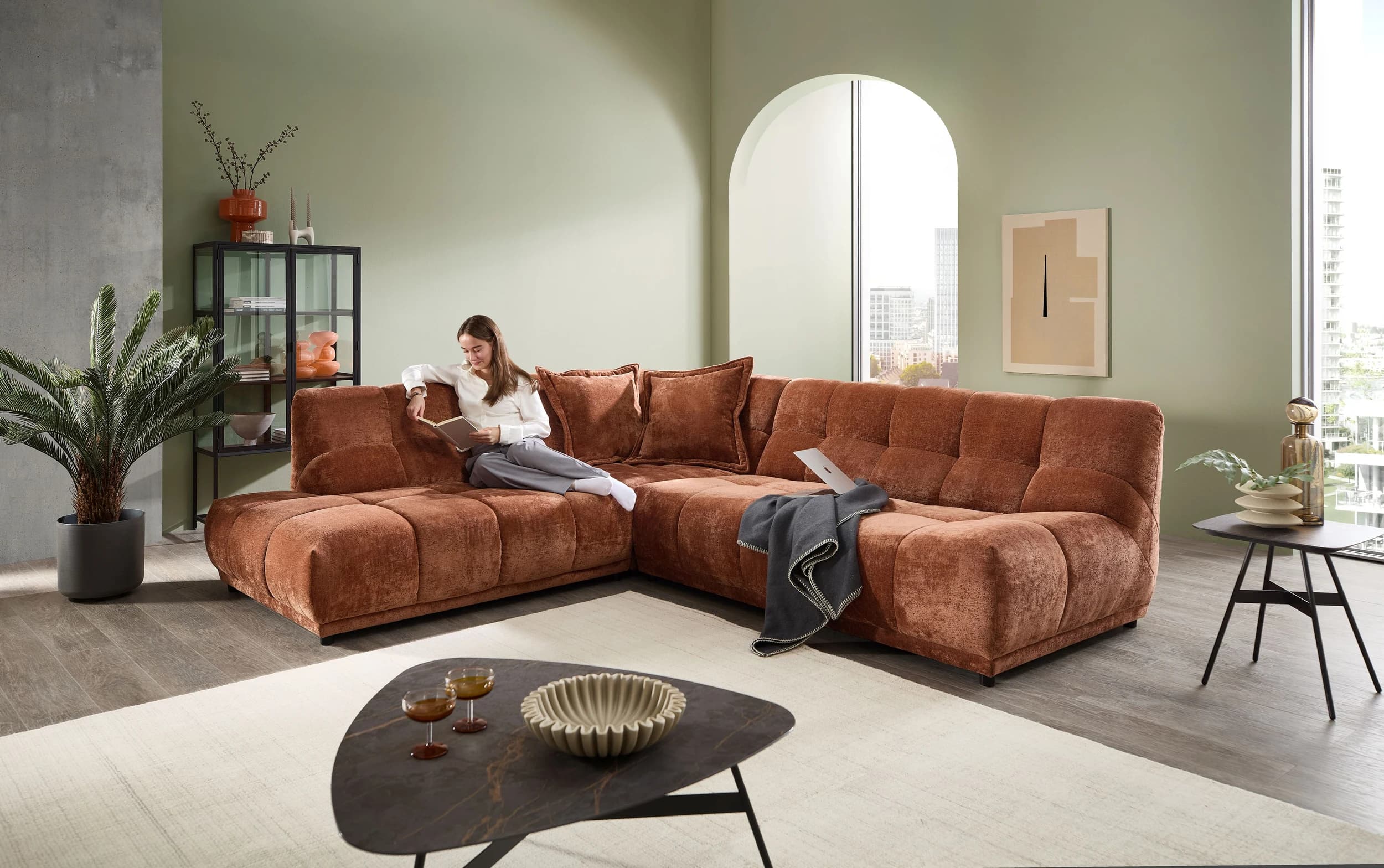 Ecksofa - Ecke links mit 3-Sitzer, Stoff, Rost