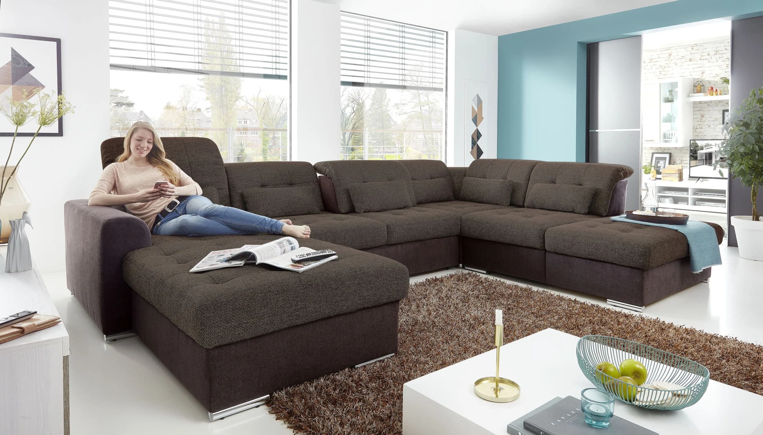 Wohnlandschaft - Longchair links, 3-Sitzer, Ecke rechts inkl. Schlaffunktion, Bettkasten, Kopfteilverstellung, Sitztiefenverstellung in Kunstleder Braun