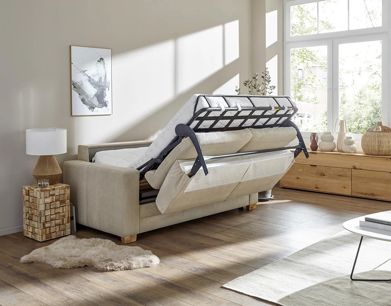 Sofa Lakeville 1 - 2-Sitzer inkl. Schlaffunktion, Gestell Schwarz, Stoff, Beige