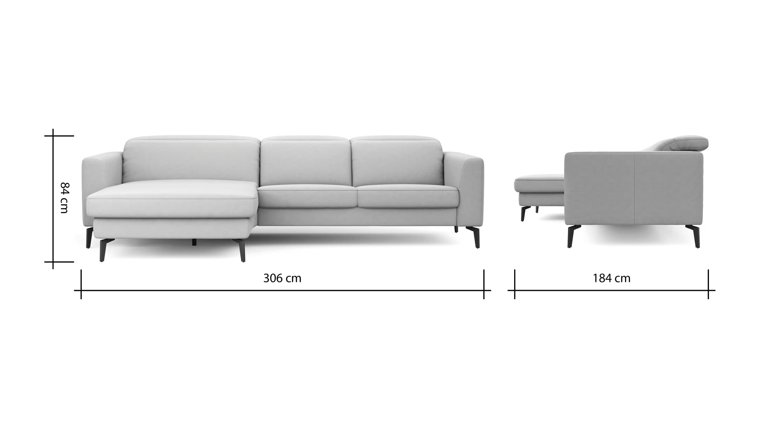 Ecksofa Rafaela 2.0 - Longchair mit 2,5-Sitzer rechts inkl. Kopfteilverstellung, Leder, Champagner