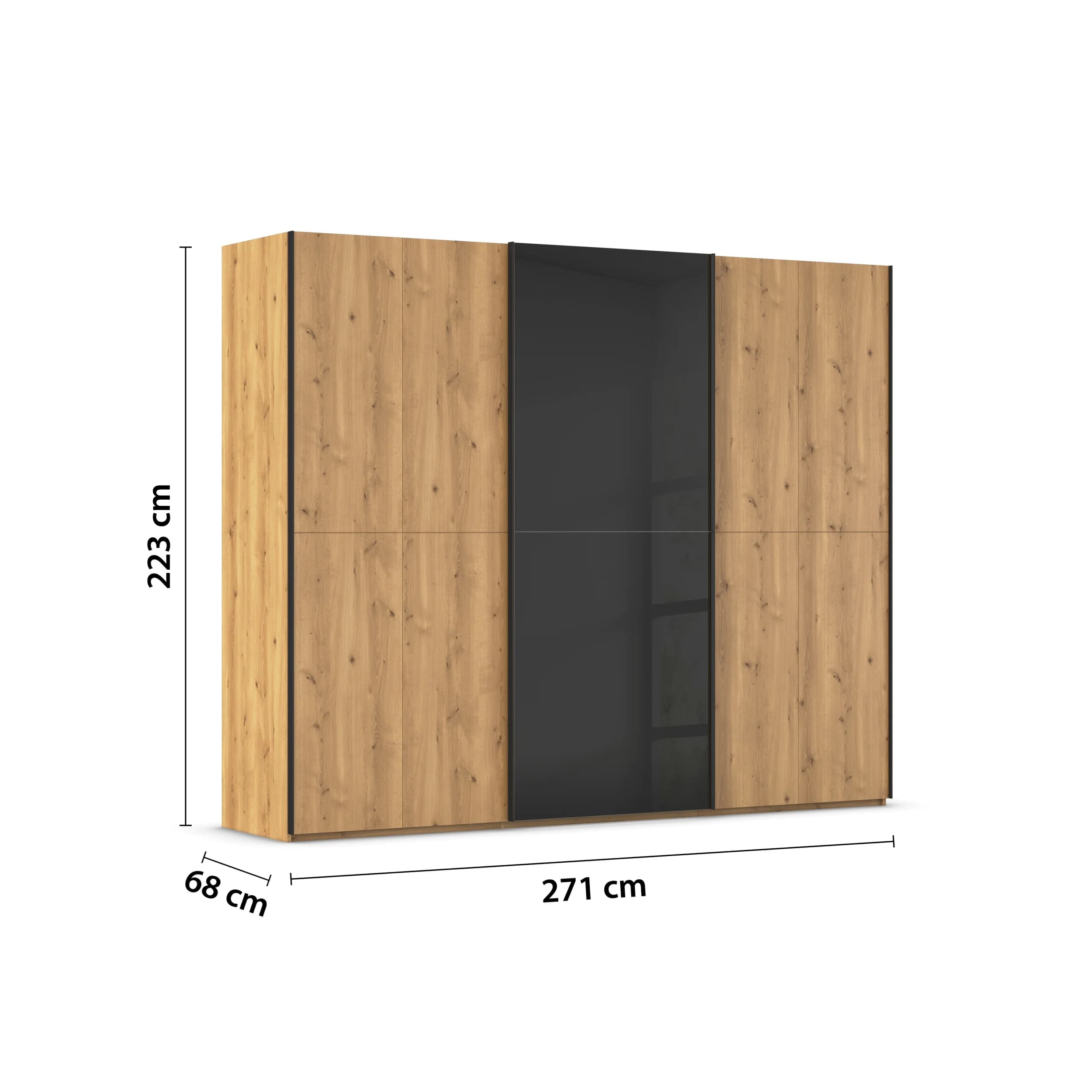Schwebetürenschrank - B. ca. 271 cm, Front Asteiche massiv, Mitteltür Farbglas Schwarz