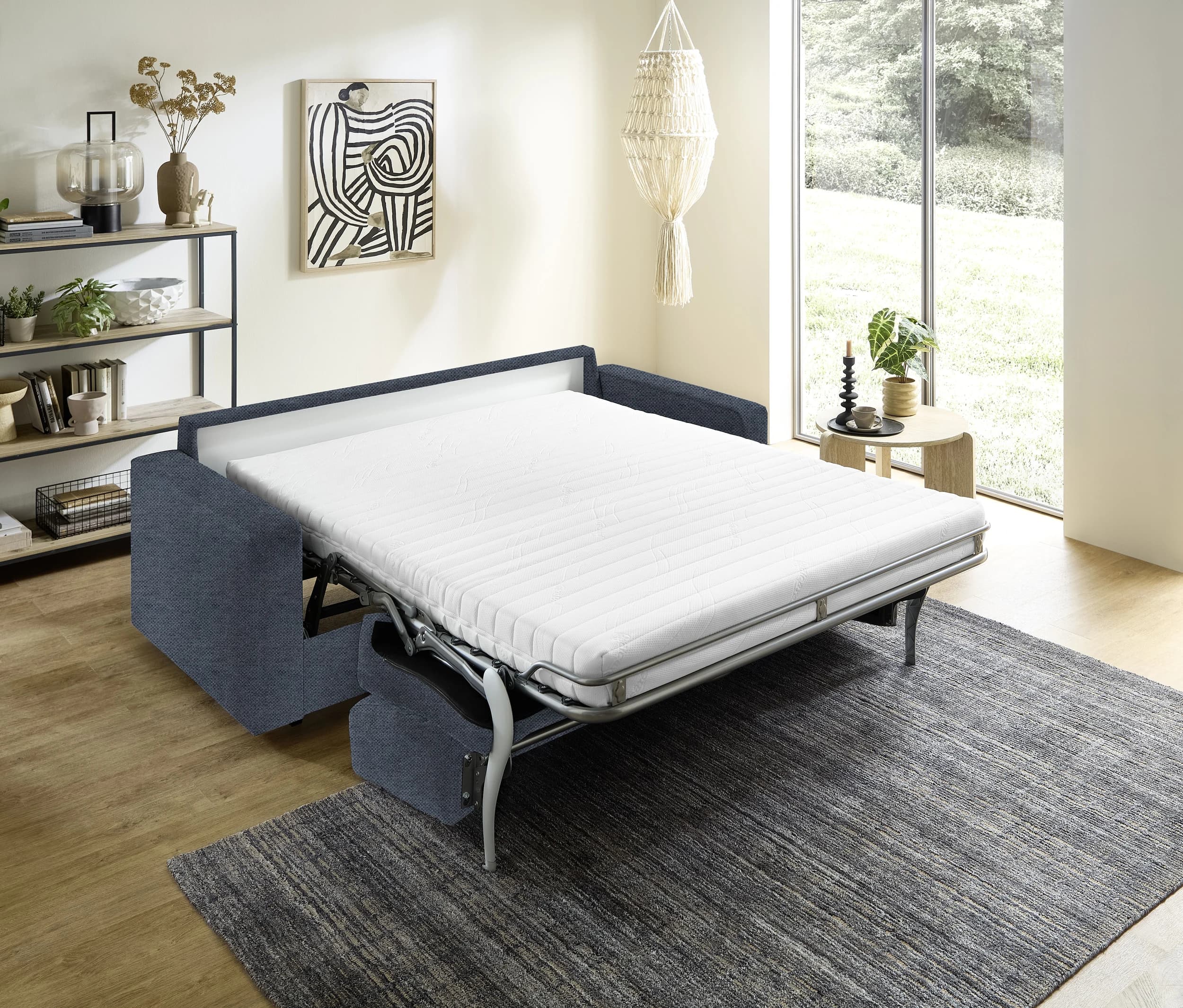 Sofa - 2-Sitzer mit Schlaffunktion, Stoff, Blau