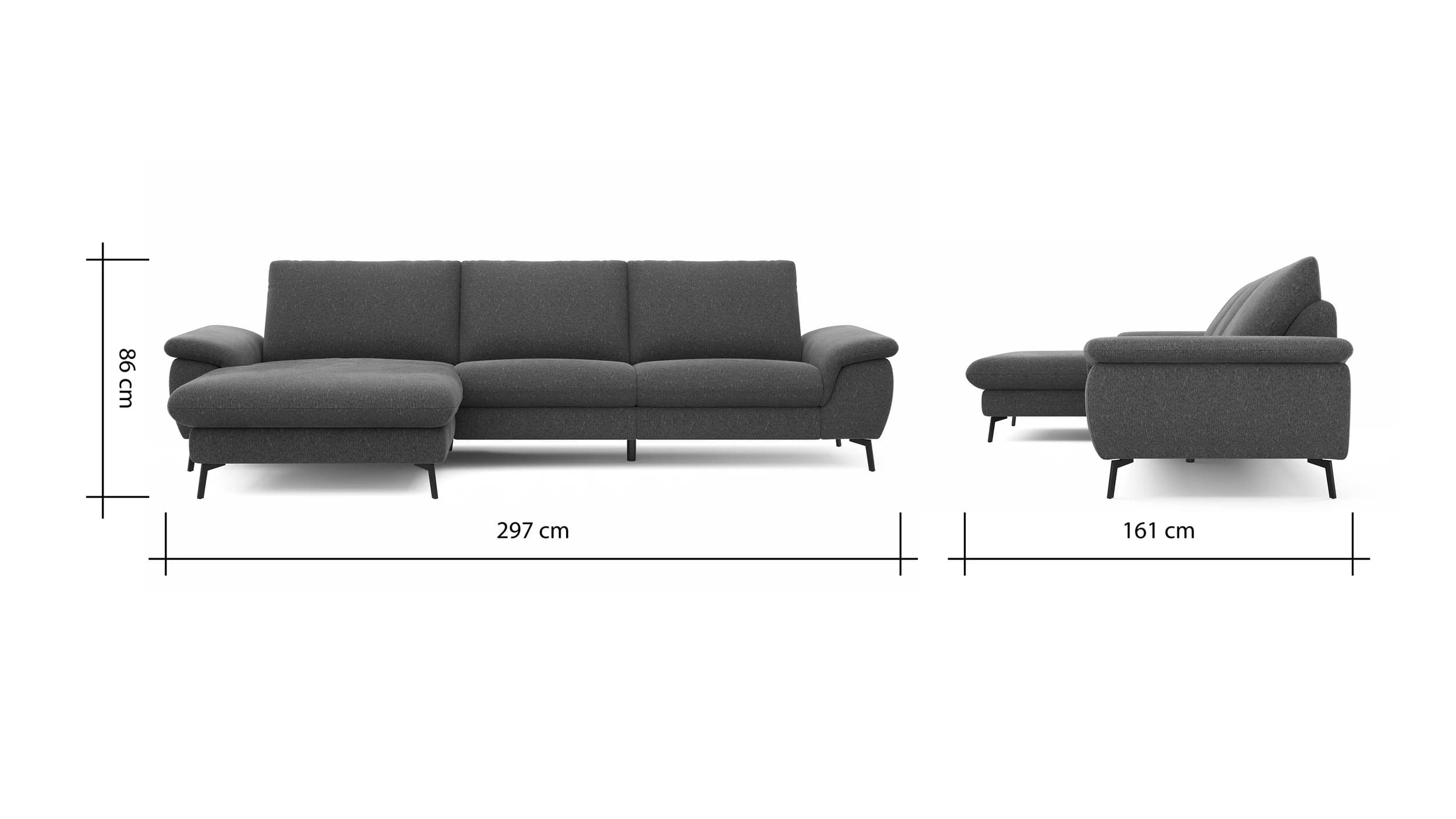 Ecksofa Gotera - Longchair links mit 1,5-Sitzer med. + 1,5-Sitzer med. rechts inkl. Rückenlehne verstellbar, Stoff, Anthrazit