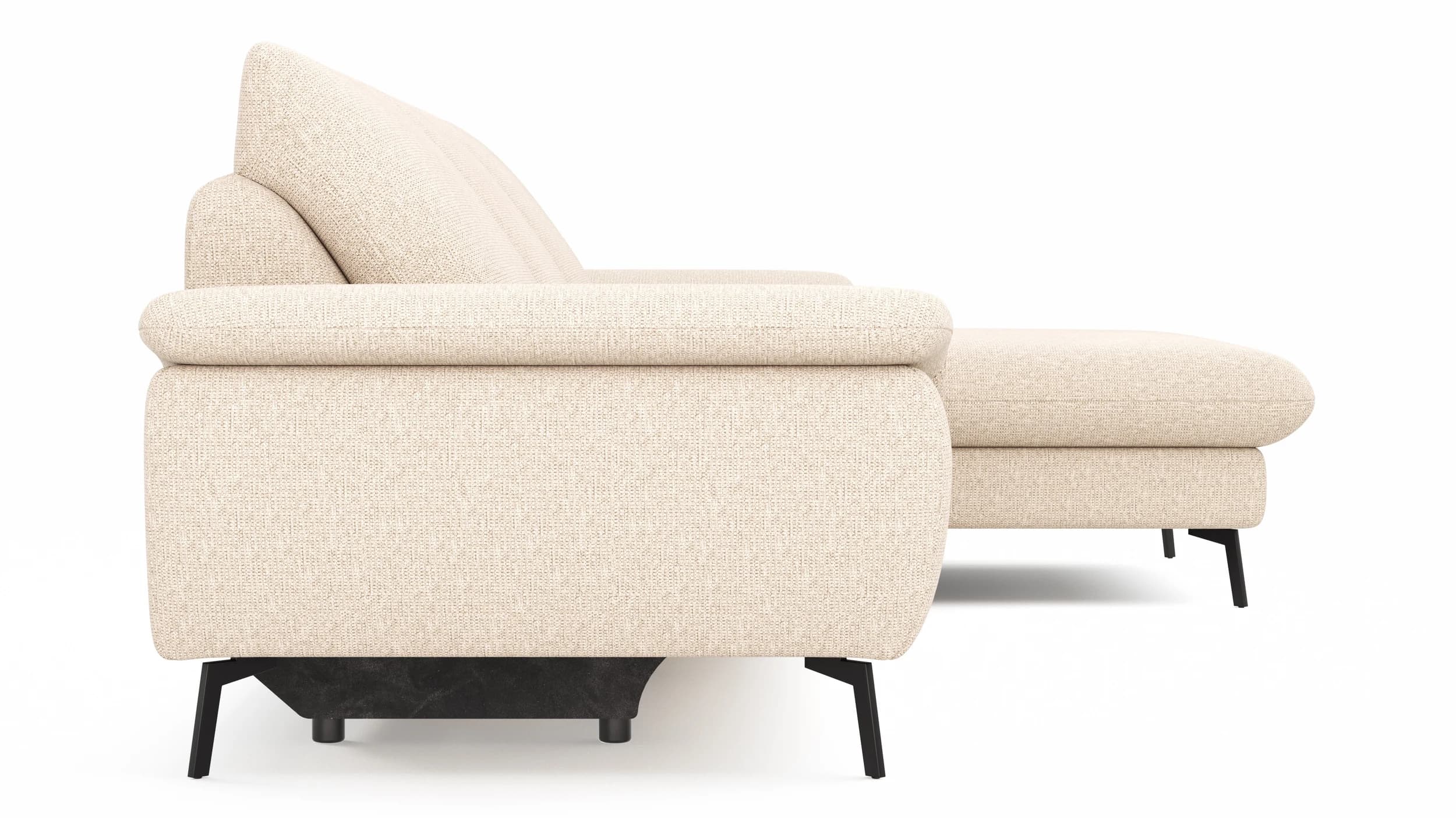 Ecksofa Gotera - 1,5-Sitzer med + 1,5-Sitzer med mit Longchair groß rechts inkl. Schlaffunktion (teilmotorisch), Armlehne klappbar, Rückenlehne verstellbar  und einmal Relaxfunktion (teilmotorisch), Stoff, Creme