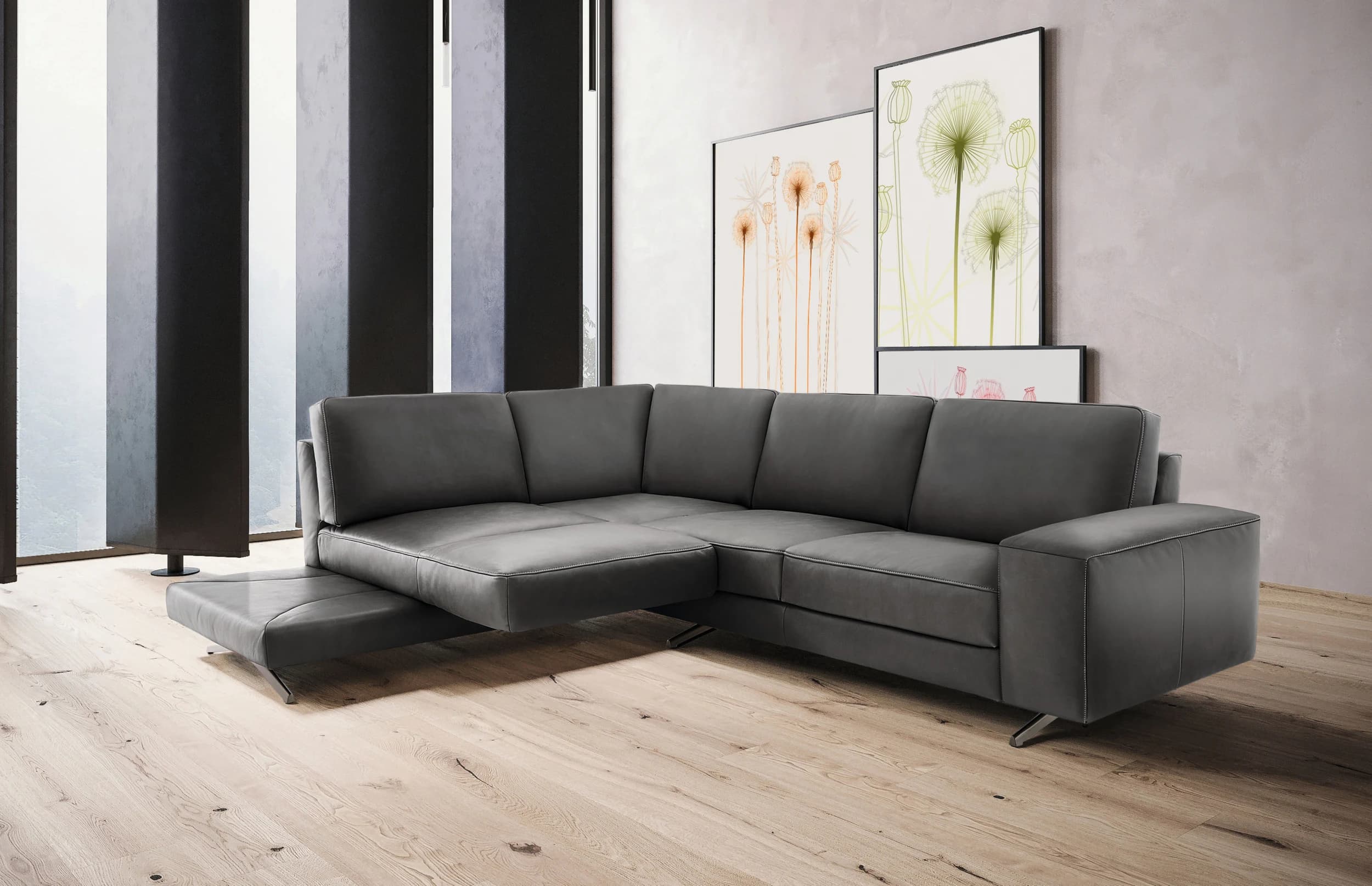 Ecksofa - Ecke links mit 2-Sitzer, Drehsitz, Leder, Anthrazit
