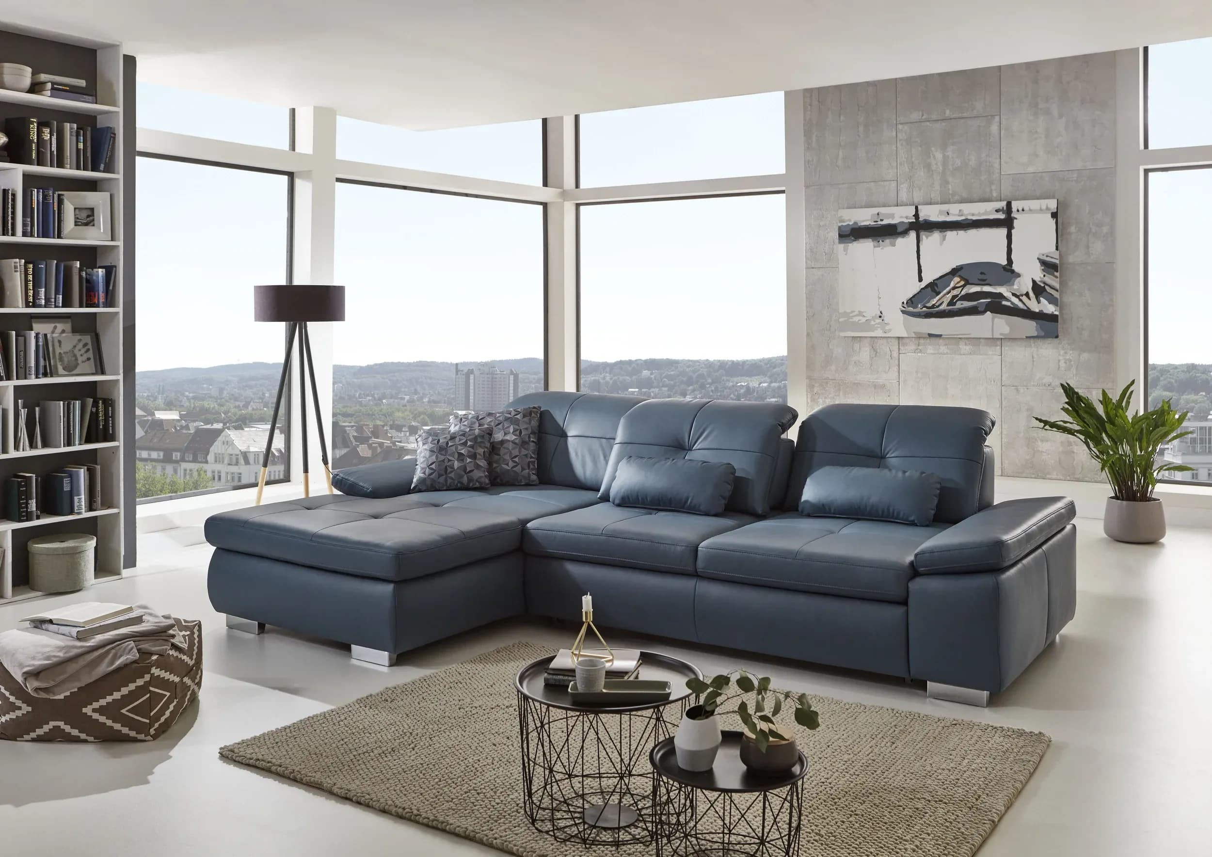 Ecksofa - Longchair links mit 3-Sitzer inkl. Sitztiefenverstellung, Leder, Graublau