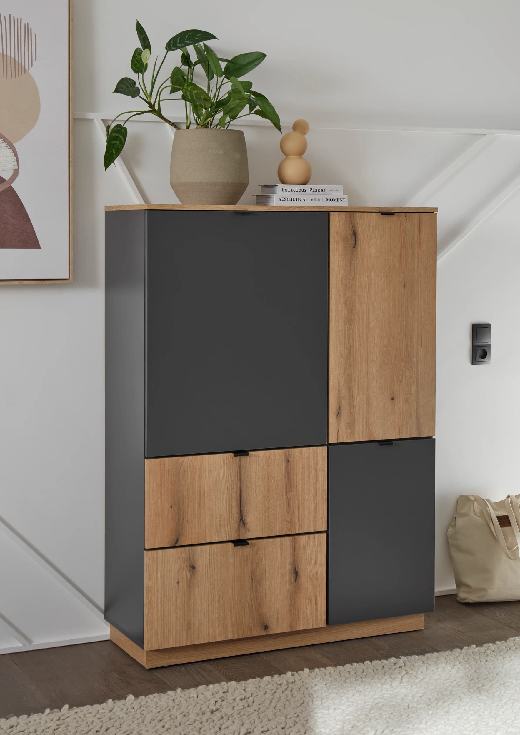Highboard- Anthrazit, Eiche Dekor
