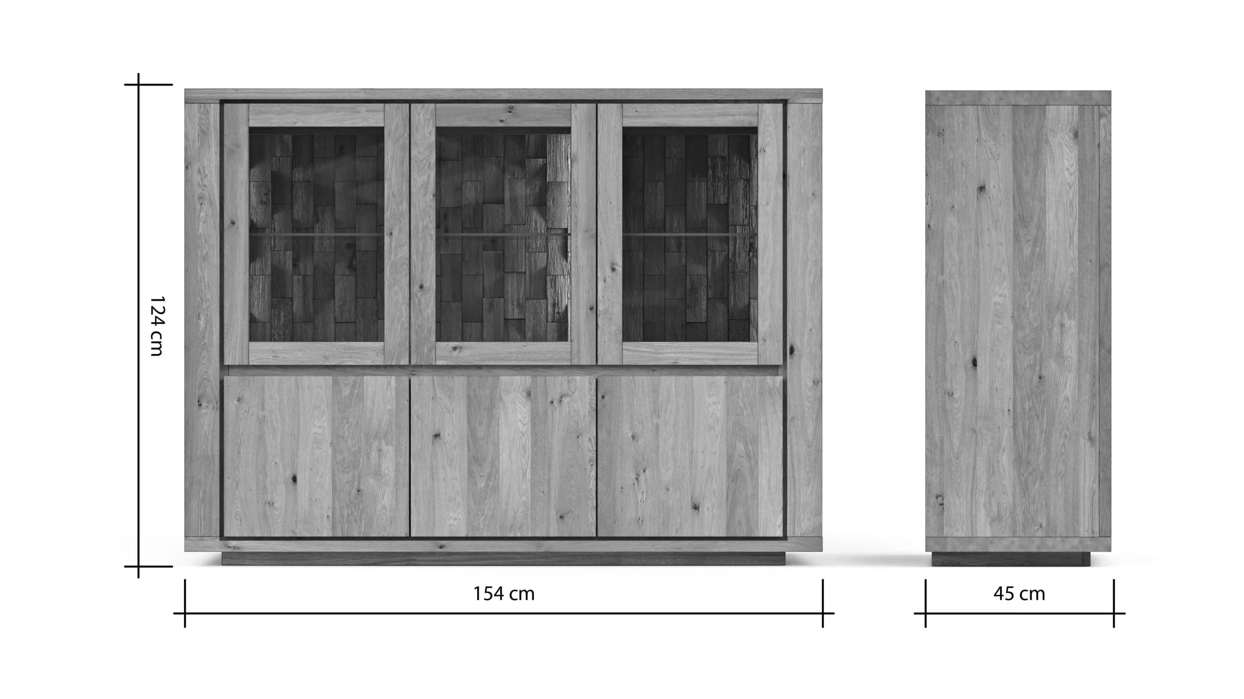 Highboard Bakersfield - inkl. Beleuchtung, Rückwand mit Holzschindeln, Asteiche massiv, geölt