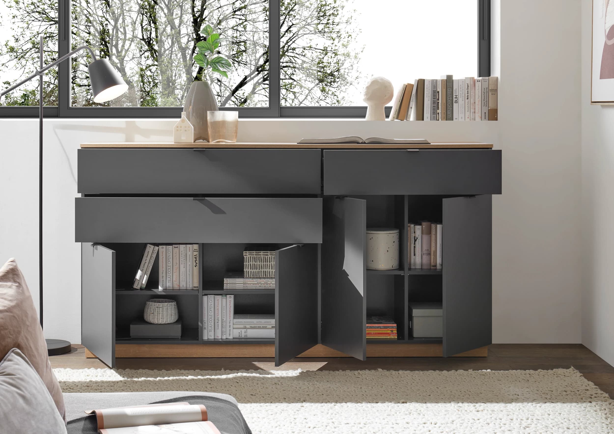 Sideboard- Anthrazit, Eiche Dekor