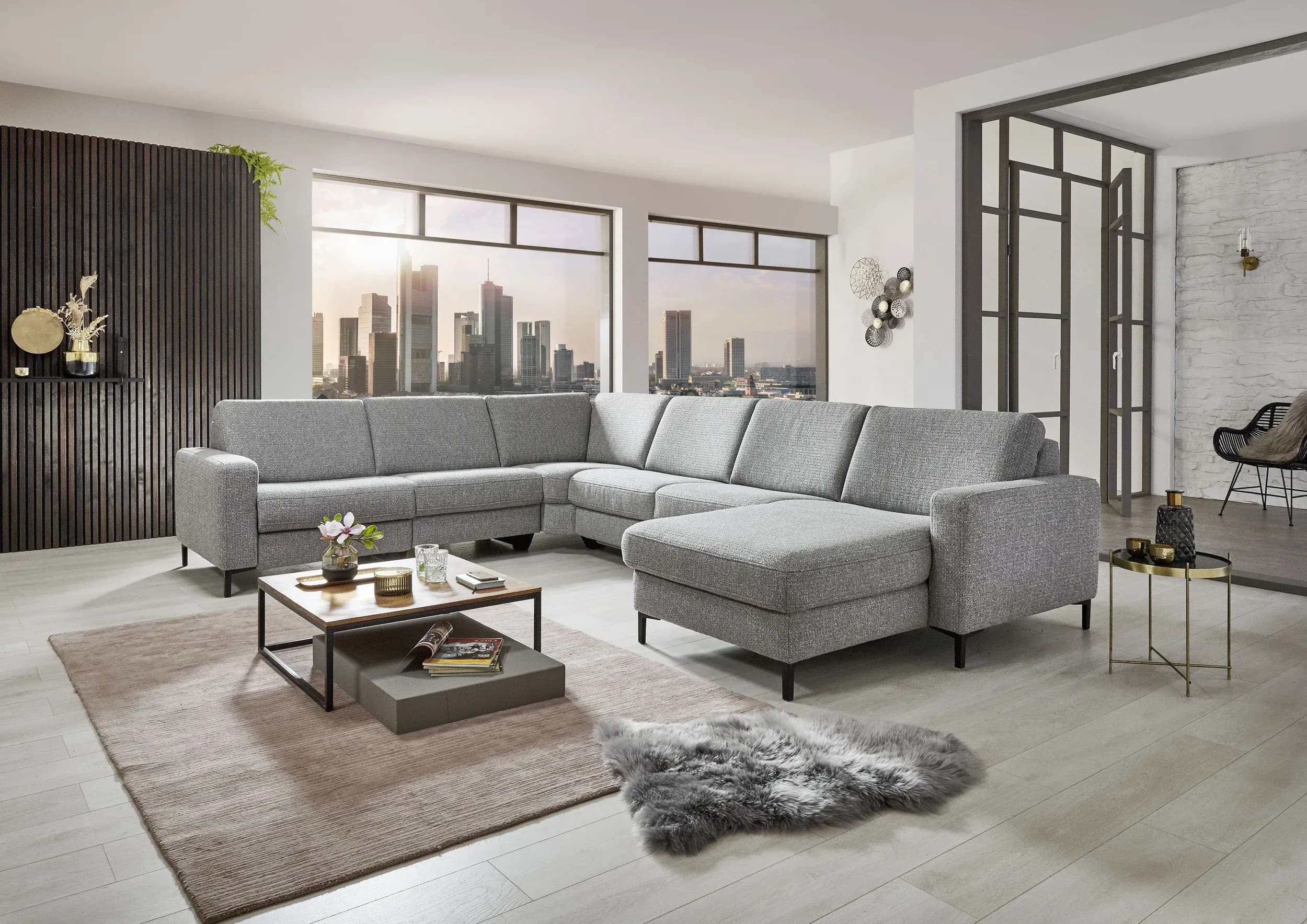 Wohnlandschaft - Ecke links mit 2,5-Sitzer und Longchair rechts, Stoff, Silbergrau