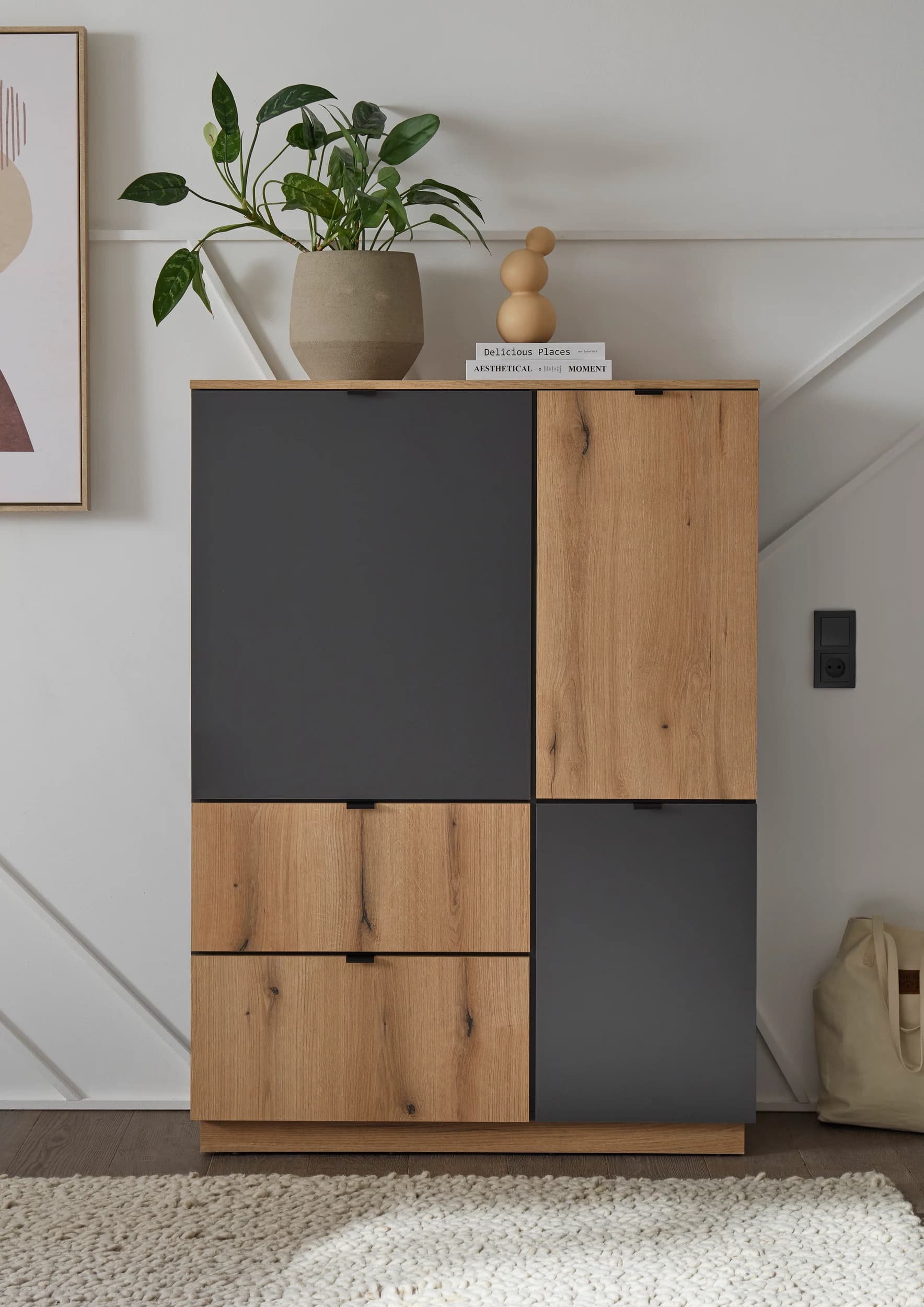 Highboard- Anthrazit, Eiche Dekor