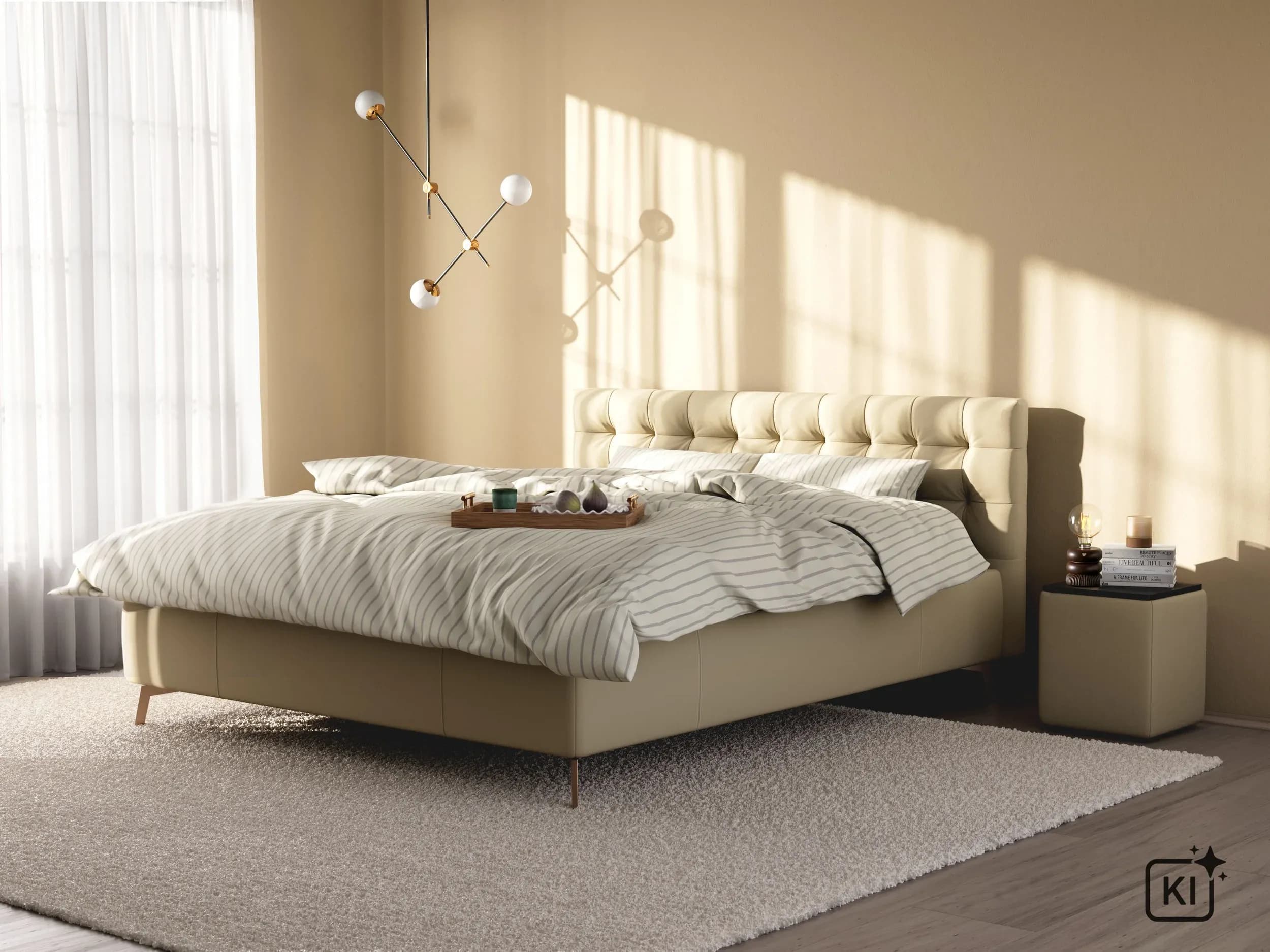 Bettgestell Coria - Liegefläche 180x200 cm, Leder, Bisquit