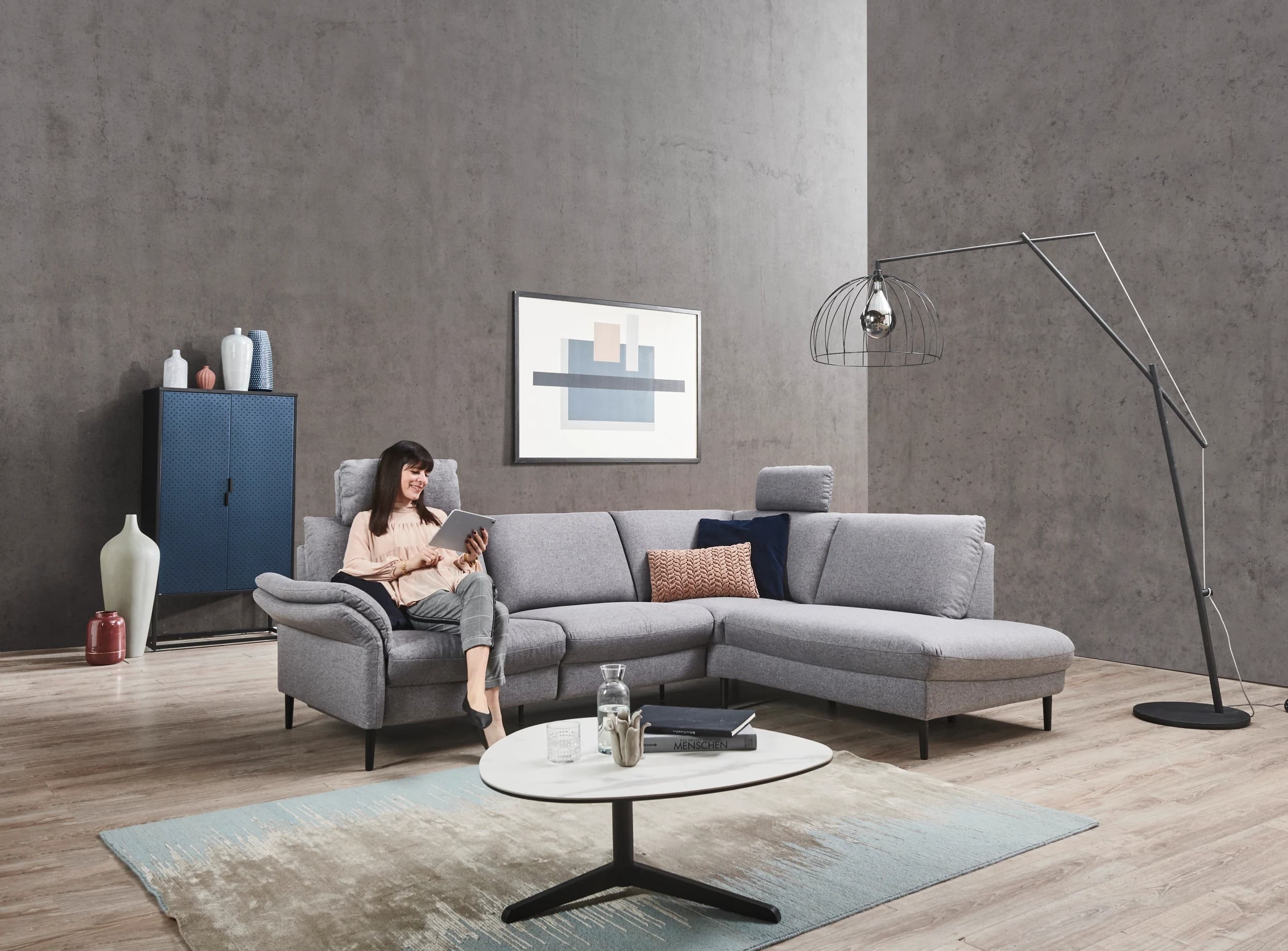 Ecksofa EM Preko mit Kopfstützen - 3-Sitzer mit Ecke rechts, Stoff, Grau