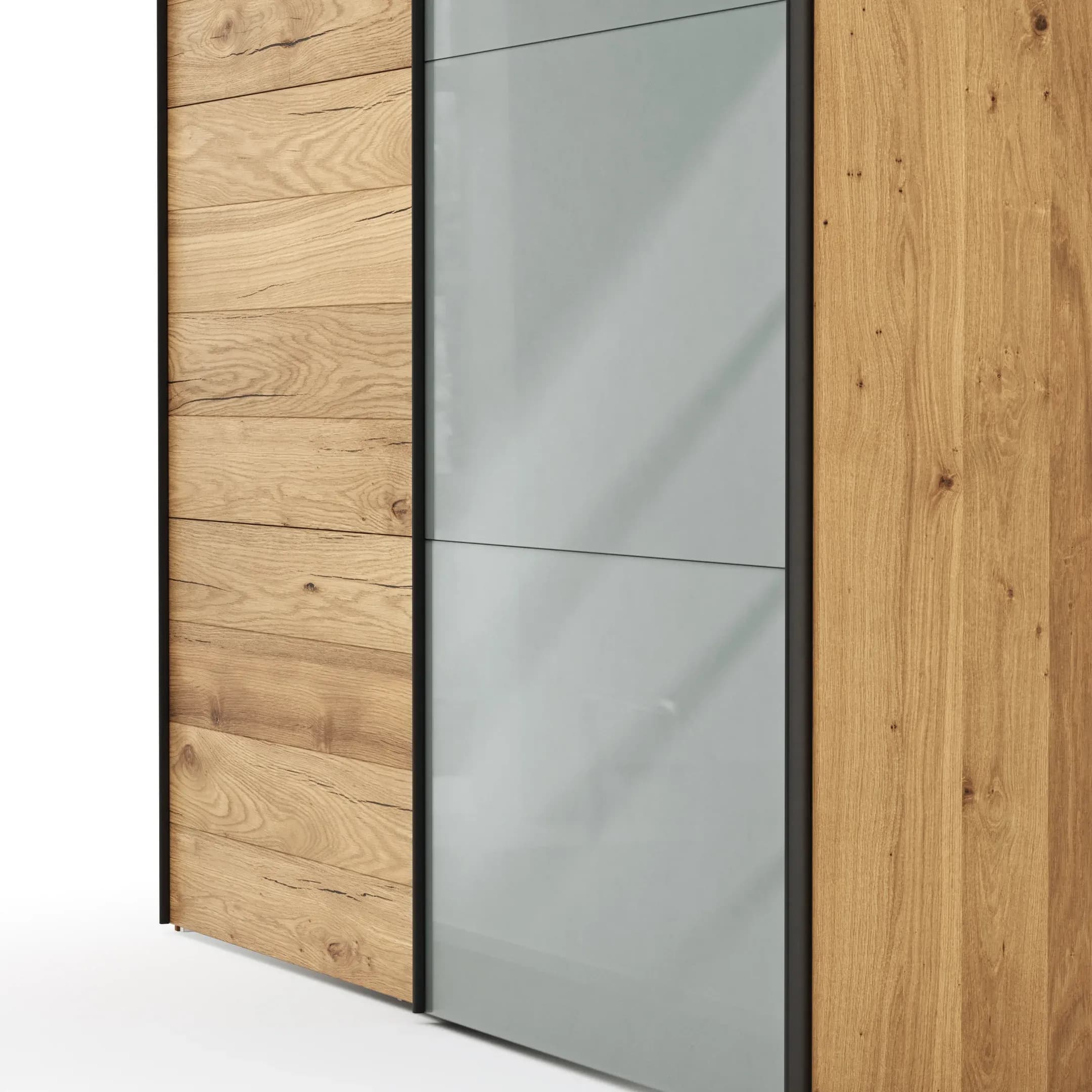Schwebetürenschrank Colorado - B. ca. 257 cm, Eiche, Glas Graugrün