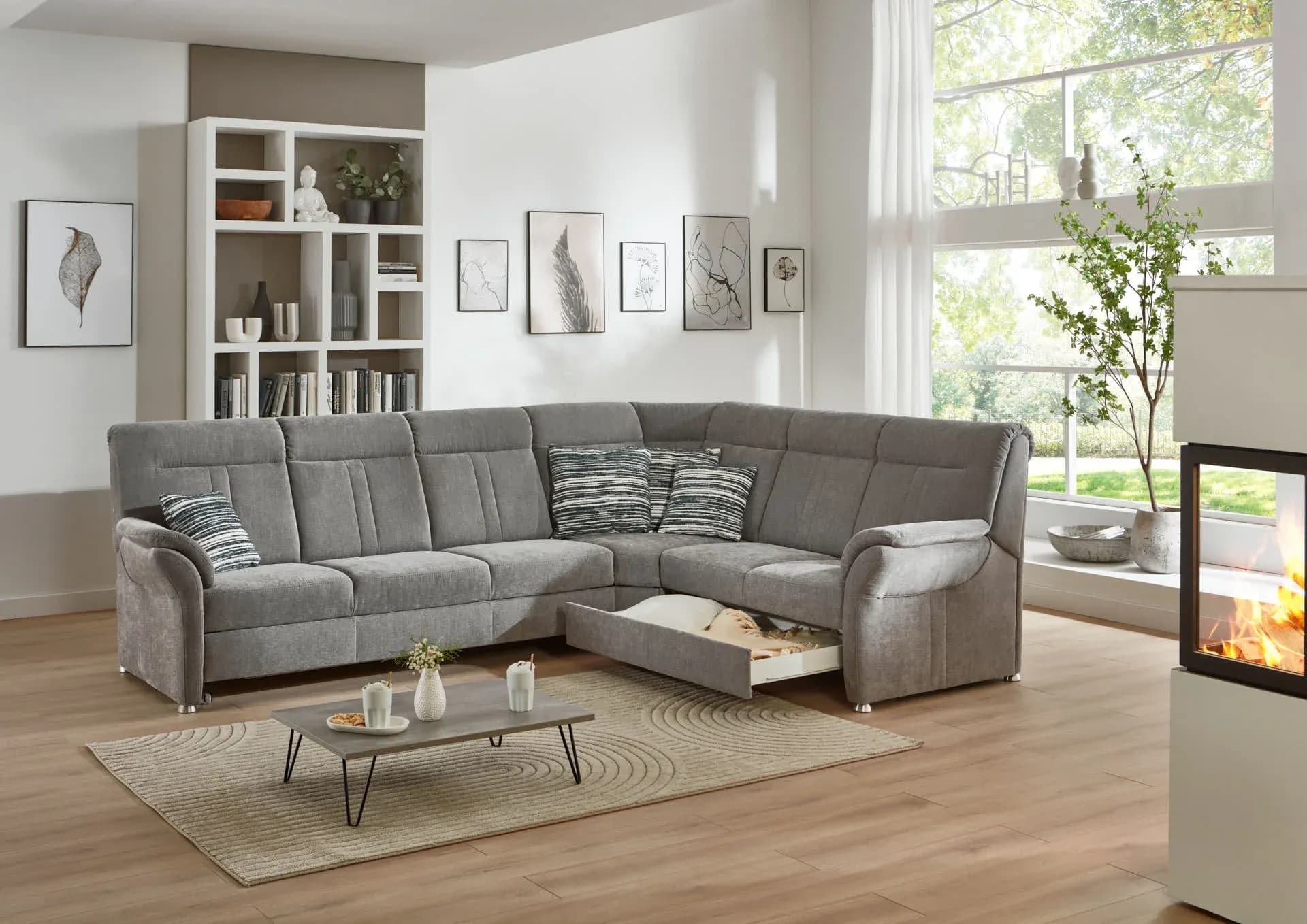 Ecksofa - 3-Sitzer mit Ecke rechts, Schlaffunktion mit Bettkasten, Stoff, Grau