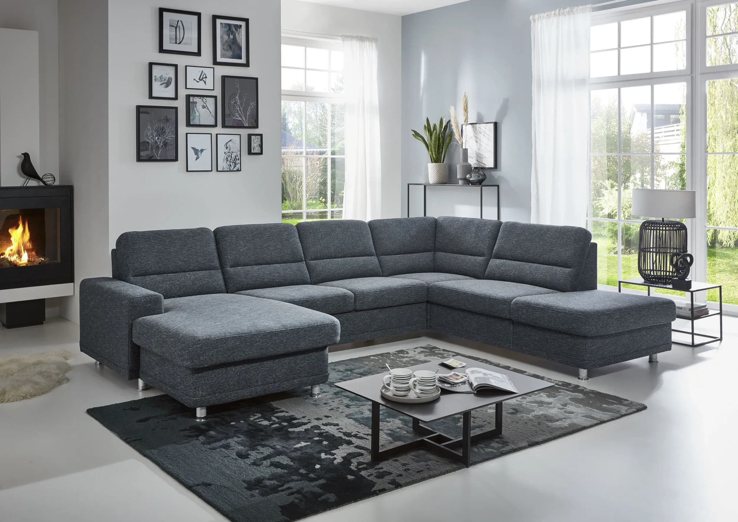 Wohnlandschaft - Longchair links mit 2,5-Sitzer und Ecke rechts, Stoff Dunkelblau