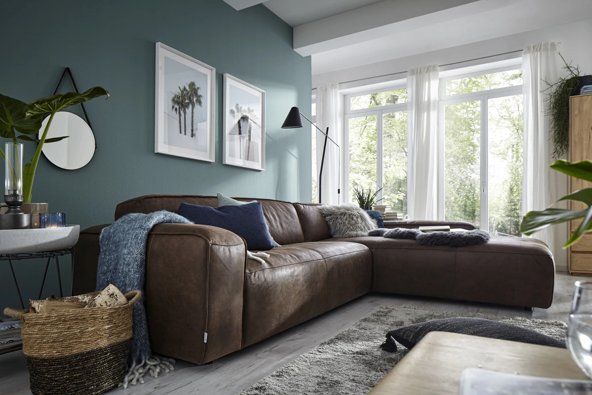 Ecksofa Denver - 2,5-Sitzer mit Longchair rechts, Leder, Braun